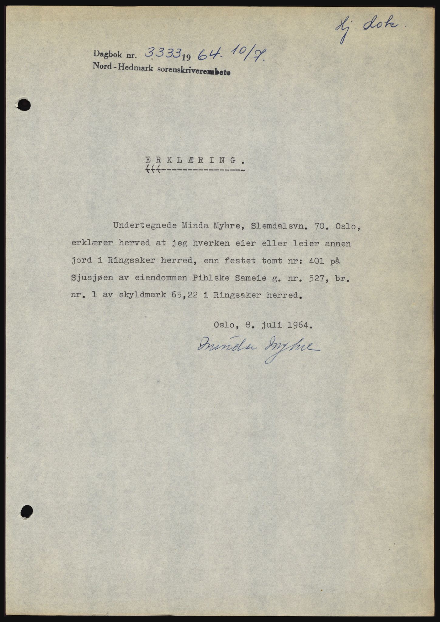 Nord-Hedmark sorenskriveri, AV/SAH-TING-012/H/Hc/L0020: Pantebok nr. 20, 1964-1964, Dagboknr: 3333/1964