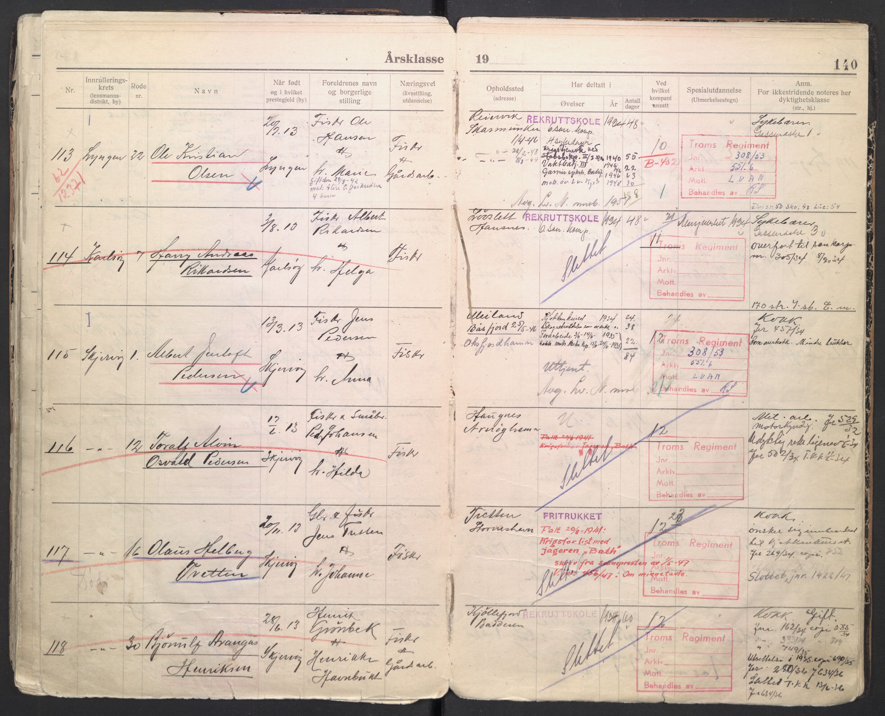 Forsvaret, Troms infanteriregiment nr. 16, AV/RA-RAFA-3146/P/Pa/L0006/0007: Ruller / Rulle for regimentets menige mannskaper, årsklasse 1934, 1934, s. 140