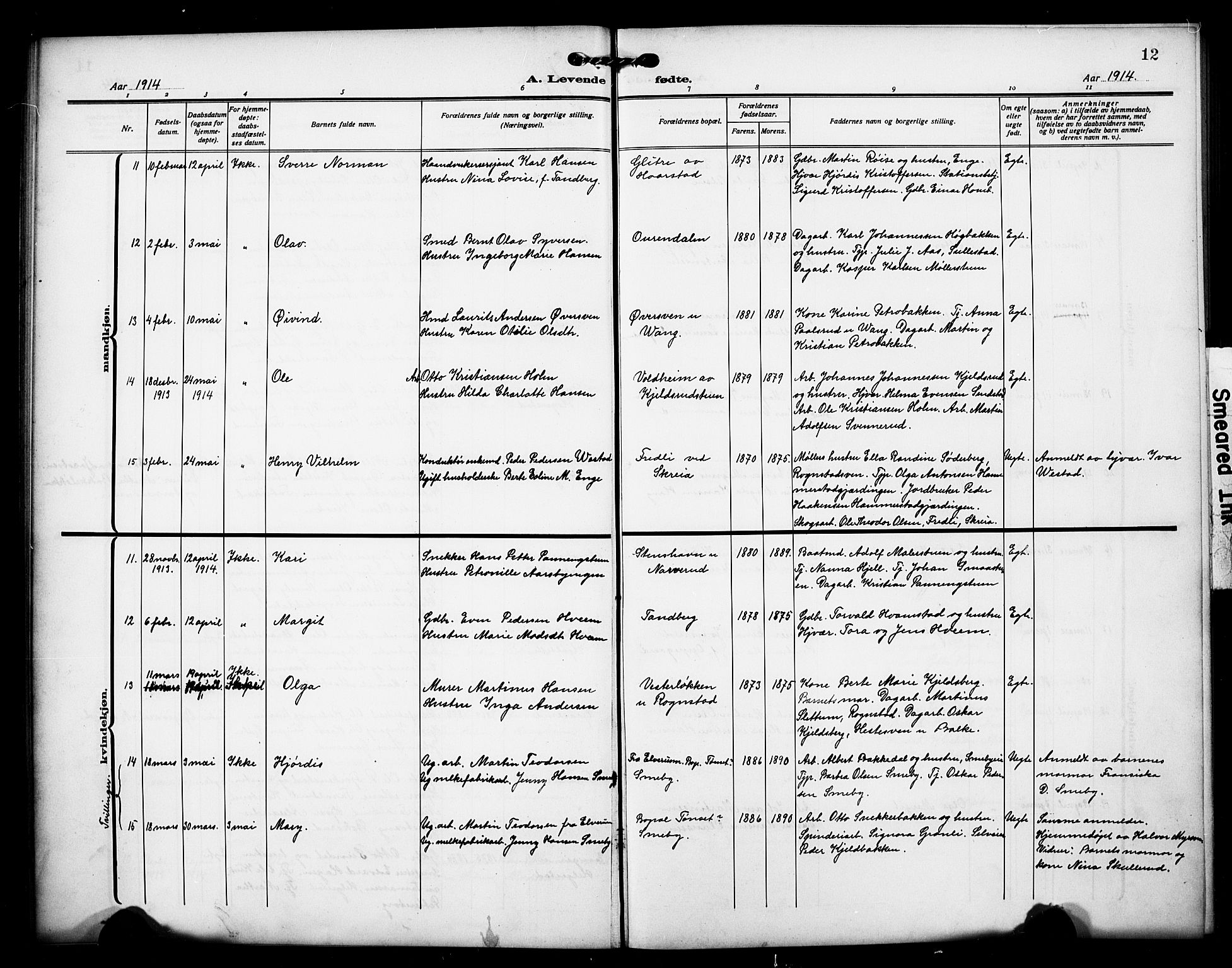 Østre Toten prestekontor, SAH/PREST-104/H/Ha/Hab/L0008: Klokkerbok nr. 8, 1913-1929, s. 12