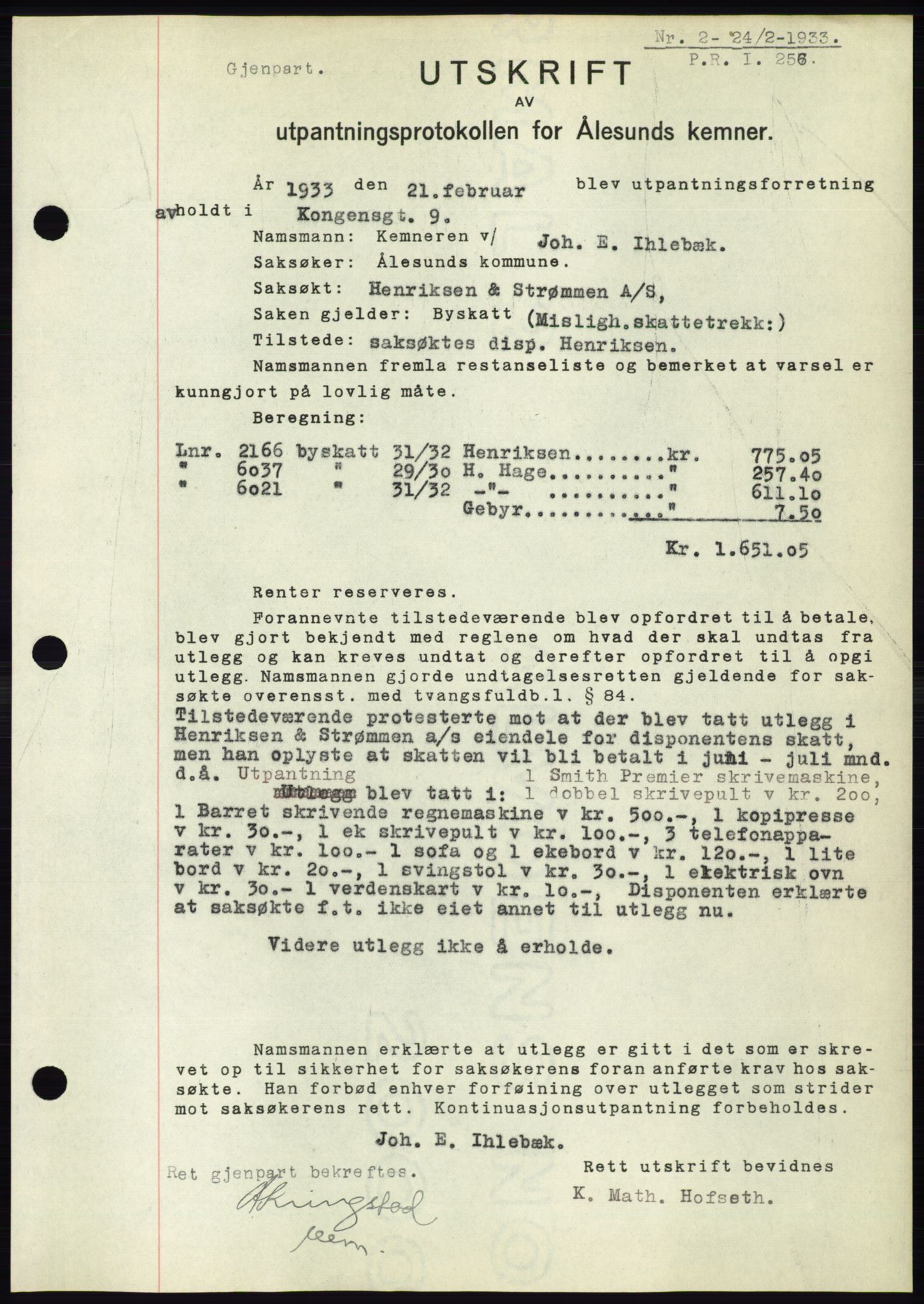 Ålesund byfogd, AV/SAT-A-4384: Pantebok nr. 30, 1932-1933, Tingl.dato: 24.02.1933