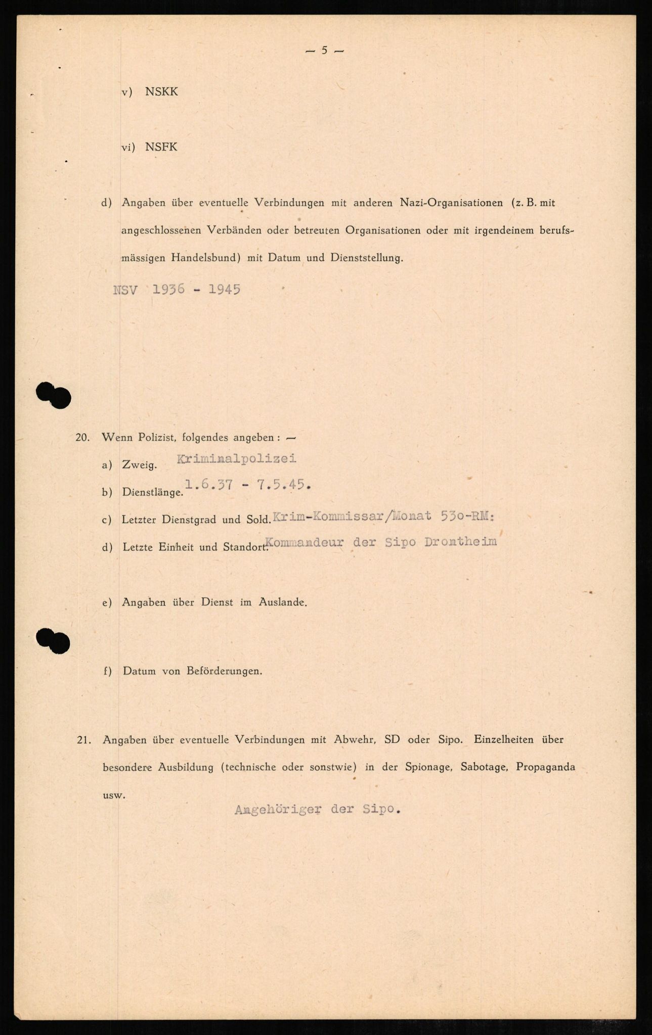 Forsvaret, Forsvarets overkommando II, RA/RAFA-3915/D/Db/L0006: CI Questionaires. Tyske okkupasjonsstyrker i Norge. Tyskere., 1945-1946, s. 381