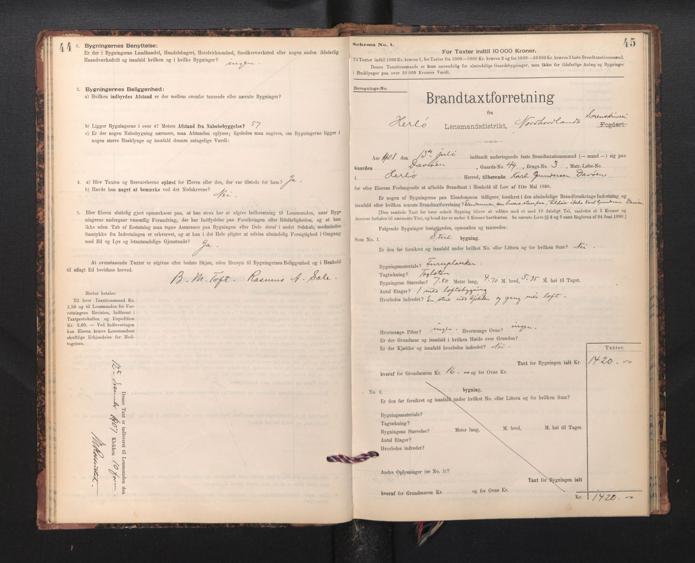 Lensmannen i Herdla, AV/SAB-A-32901/0012/L0003:  Branntakstprotokoll skjematakst, 1897-1916, s. 44-45