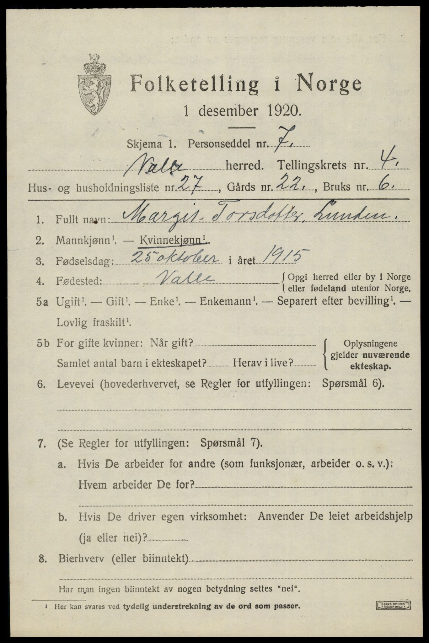 SAK, Folketelling 1920 for 0940 Valle herred, 1920, s. 2307