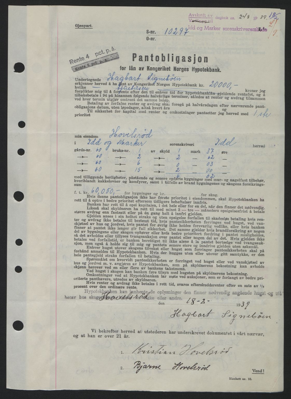 Idd og Marker sorenskriveri, AV/SAO-A-10283/G/Gb/Gbc/L0001: Pantebok nr. B1-3, 1936-1939, Dagboknr: 248/1939