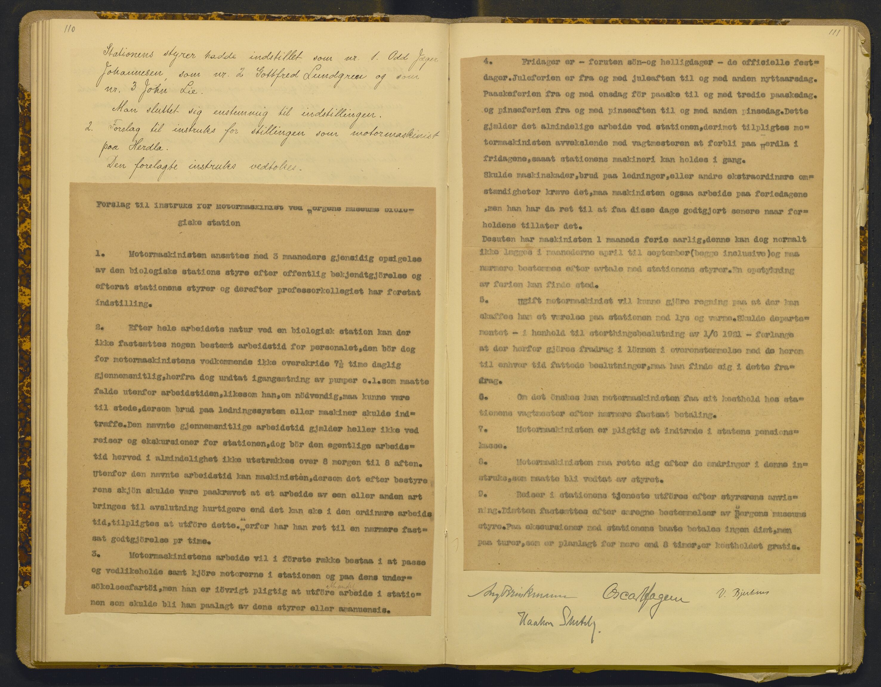 Bergens Museum, AV/SAB-A-17301/18/A/L0001: Bestyrerkollegiets forhandlingsprotokoll med register , 1907-1927, s. 110-111