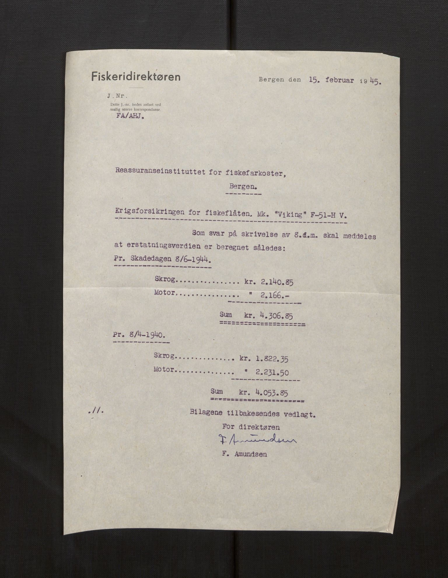 Fiskeridirektoratet - 1 Adm. ledelse - 13 Båtkontoret, AV/SAB-A-2003/La/L0008: Statens krigsforsikring for fiskeflåten, 1936-1971, s. 54