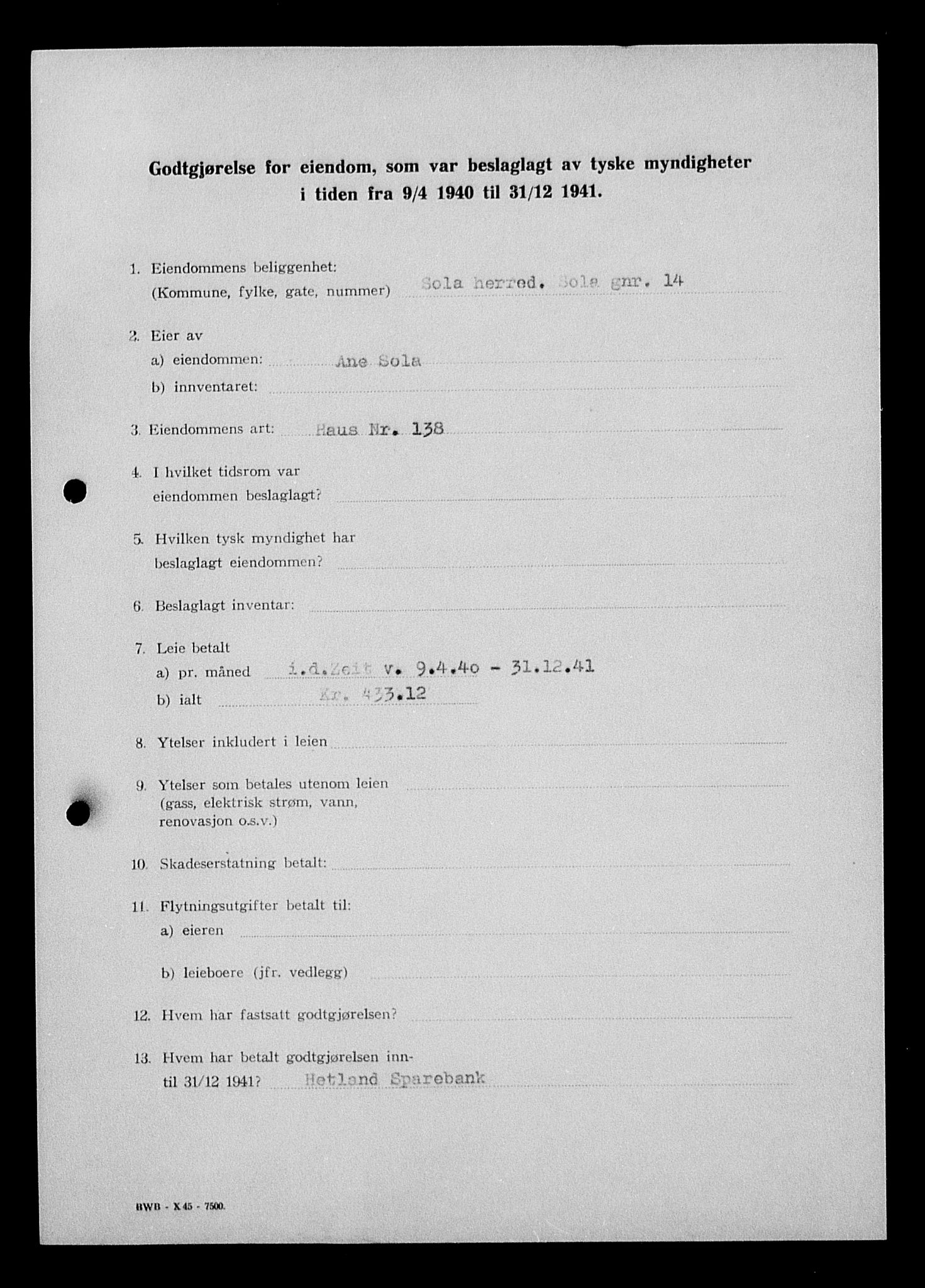 Justisdepartementet, Tilbakeføringskontoret for inndratte formuer, AV/RA-S-1564/I/L1015: Godtgjørelse for beslaglagt eiendom, 1940-1941, s. 194