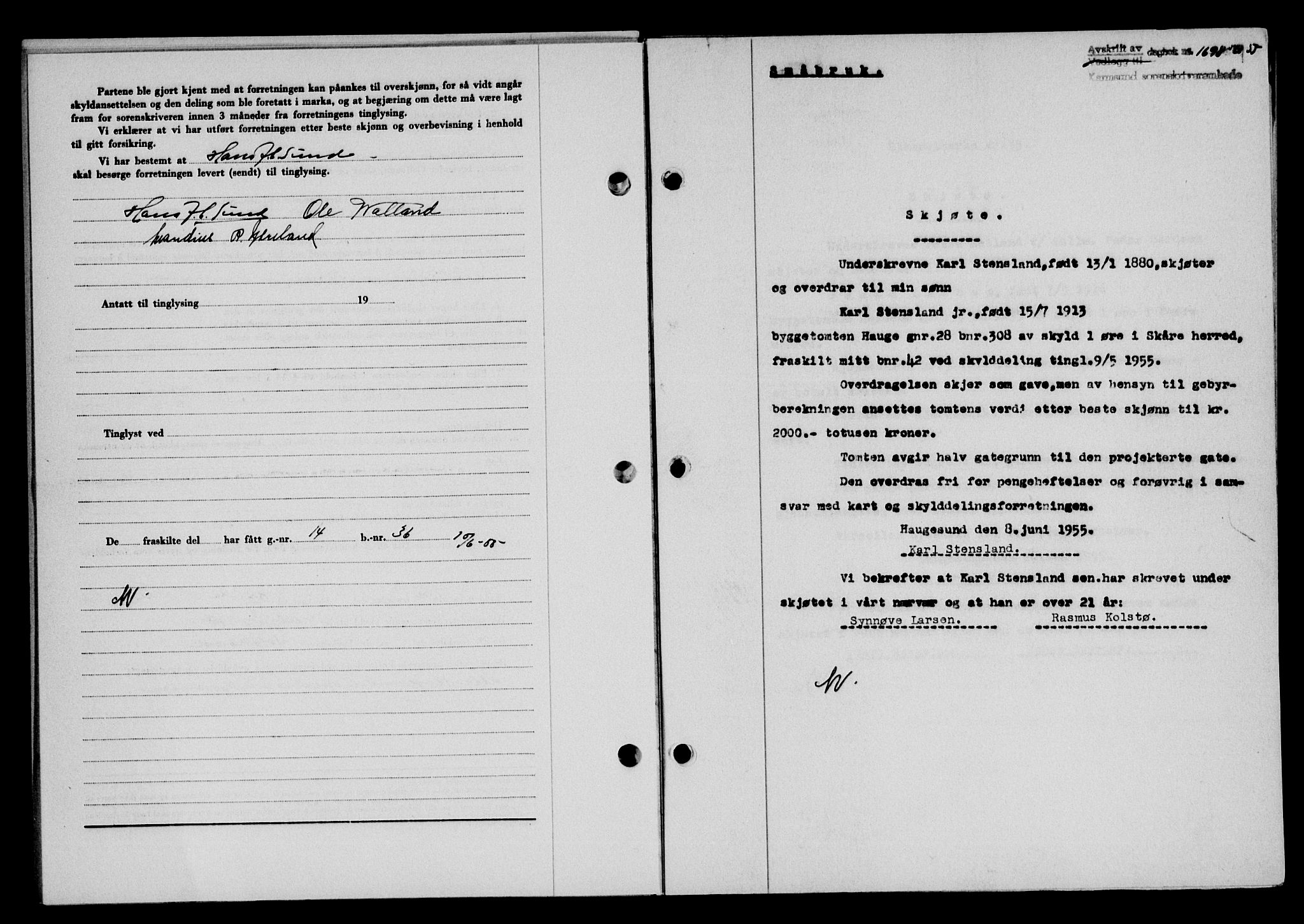 Karmsund sorenskriveri, SAST/A-100311/01/II/IIB/L0116: Pantebok nr. 96A, 1955-1955, Dagboknr: 1698/1955