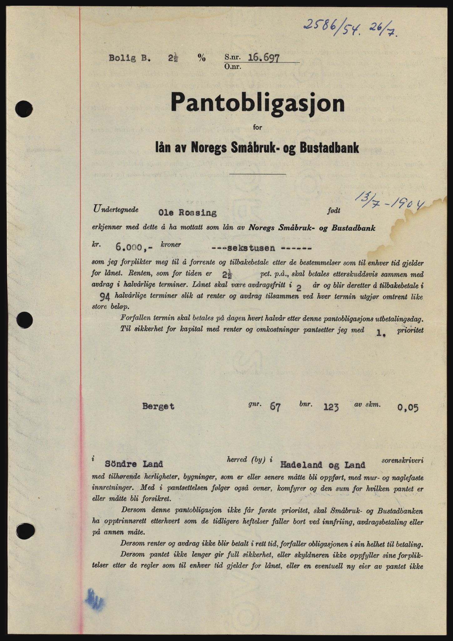 Hadeland og Land tingrett, SAH/TING-010/H/Hb/Hbc/L0030: Pantebok nr. B30, 1954-1954, Dagboknr: 2586/1954