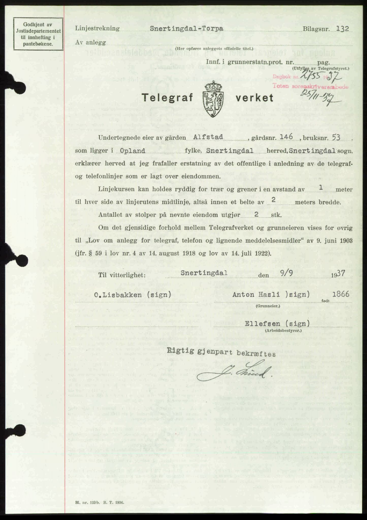 Toten tingrett, SAH/TING-006/H/Hb/Hbc/L0003: Pantebok nr. Hbc-03, 1937-1938, Dagboknr: 2755/1937