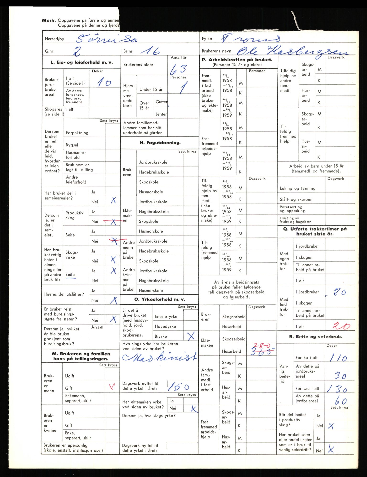 Statistisk sentralbyrå, Næringsøkonomiske emner, Jordbruk, skogbruk, jakt, fiske og fangst, AV/RA-S-2234/G/Gd/L0656: Troms: 1924 Målselv (kl. 0-3) og 1925 Sørreisa, 1959, s. 1377