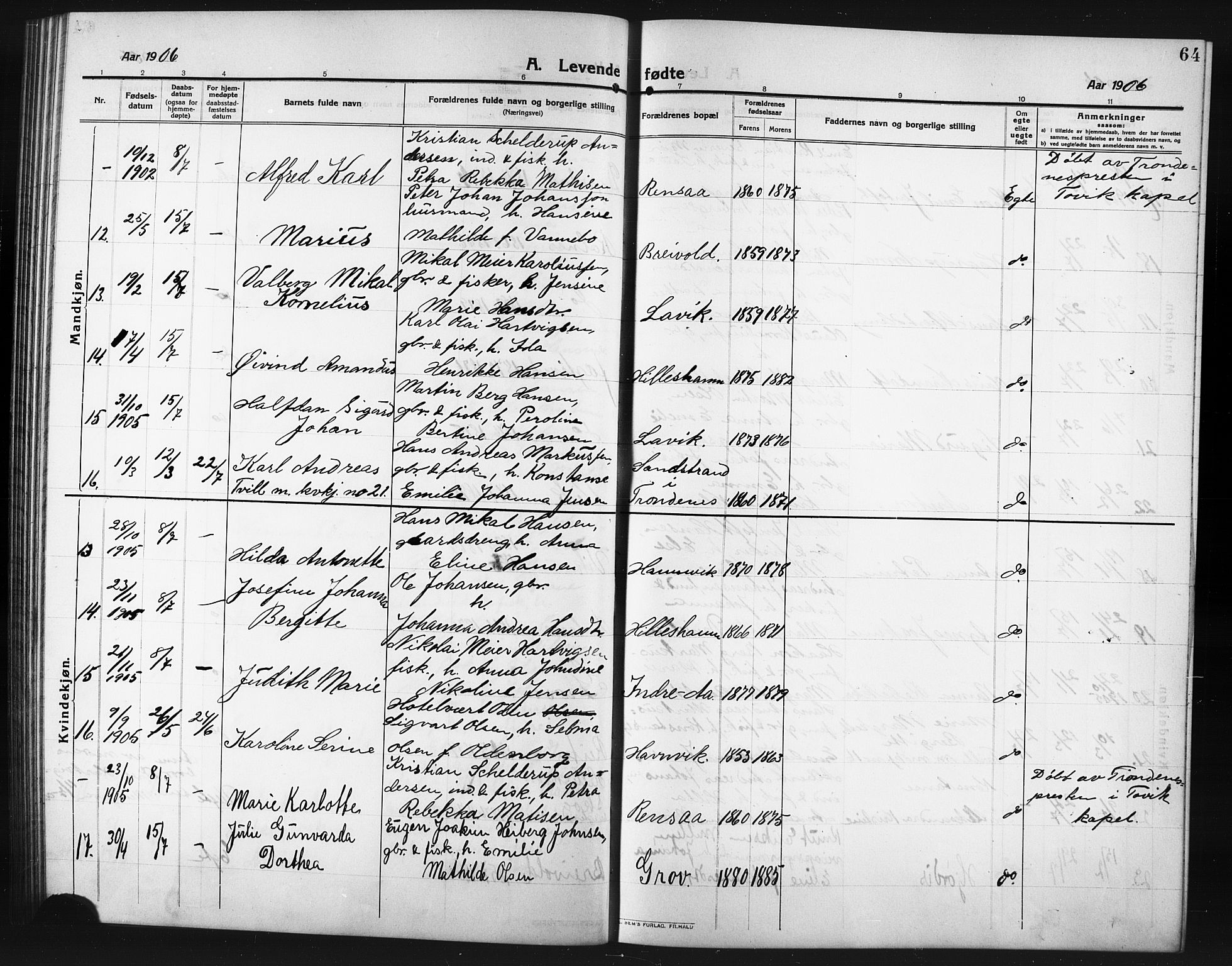Ibestad sokneprestembete, AV/SATØ-S-0077/H/Ha/Hab/L0009klokker: Klokkerbok nr. 9, 1902-1914, s. 64