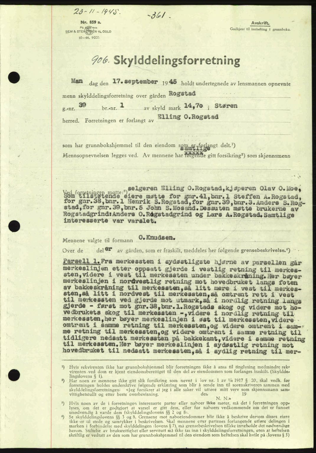 Gauldal sorenskriveri, SAT/A-0014/1/2/2C: Pantebok nr. A1a, 1945-1945, Dagboknr: 906/1945