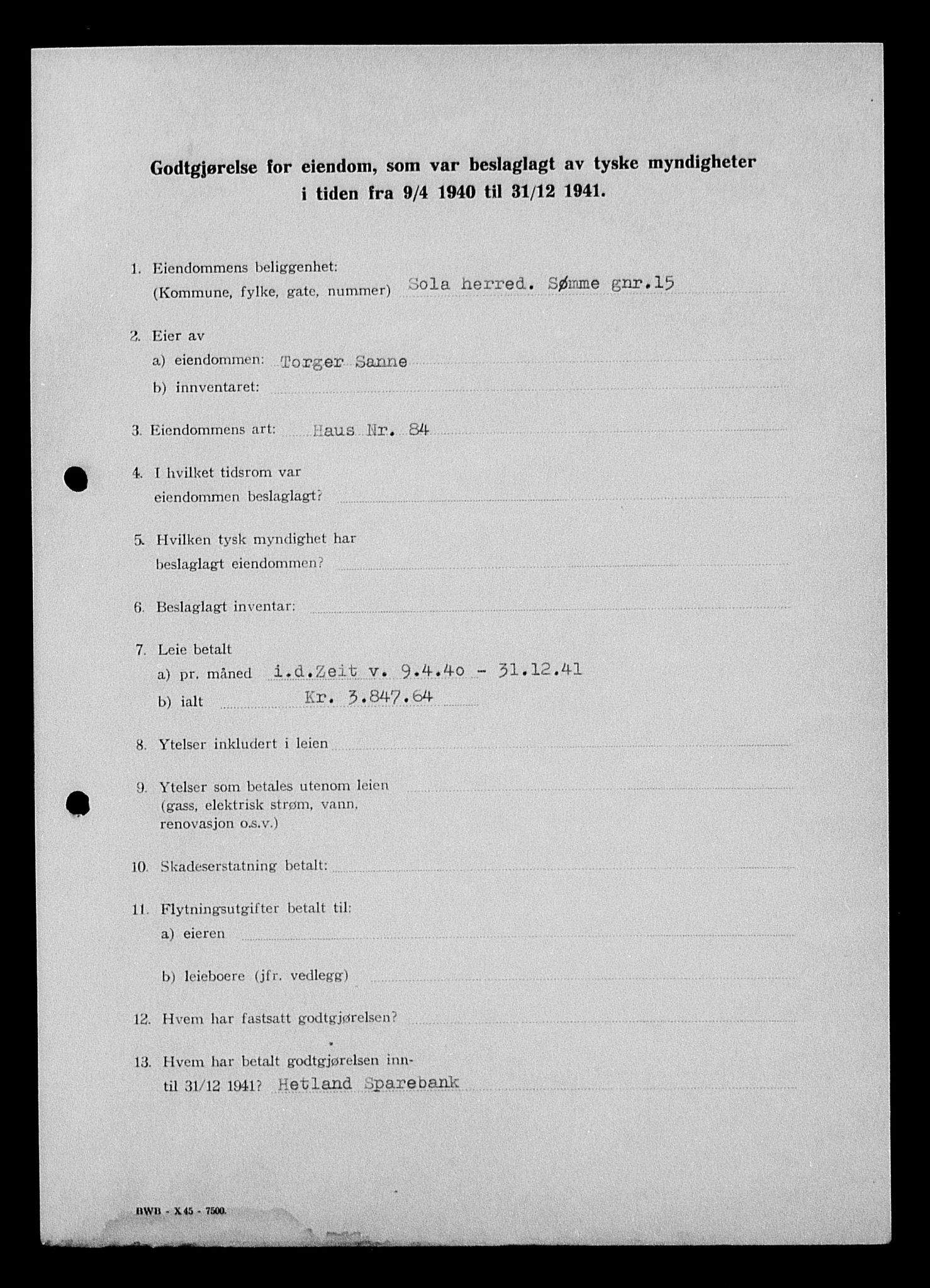 Justisdepartementet, Tilbakeføringskontoret for inndratte formuer, AV/RA-S-1564/I/L1015: Godtgjørelse for beslaglagt eiendom, 1940-1941, s. 146