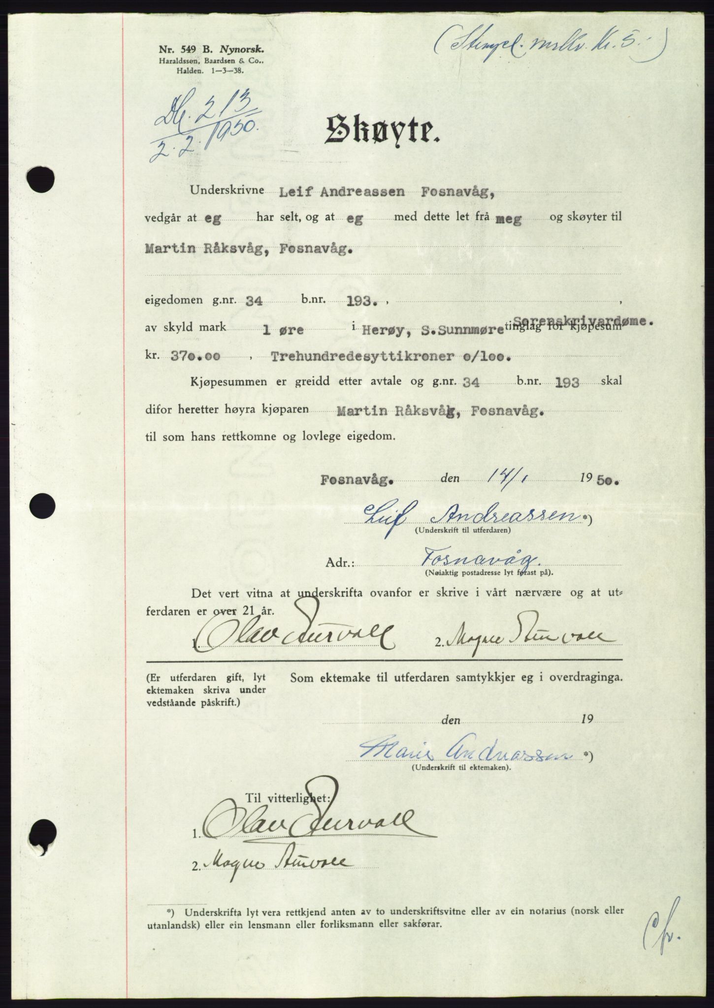 Søre Sunnmøre sorenskriveri, AV/SAT-A-4122/1/2/2C/L0086: Pantebok nr. 12A, 1949-1950, Dagboknr: 213/1950