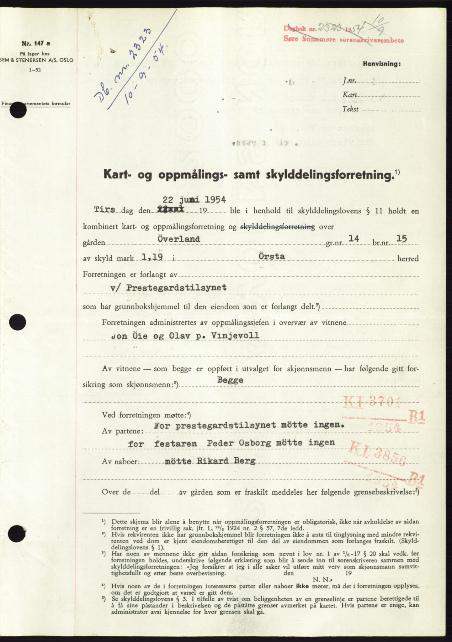 Søre Sunnmøre sorenskriveri, SAT/A-4122/1/2/2C/L0098: Pantebok nr. 24A, 1954-1954, Dagboknr: 2323/1954