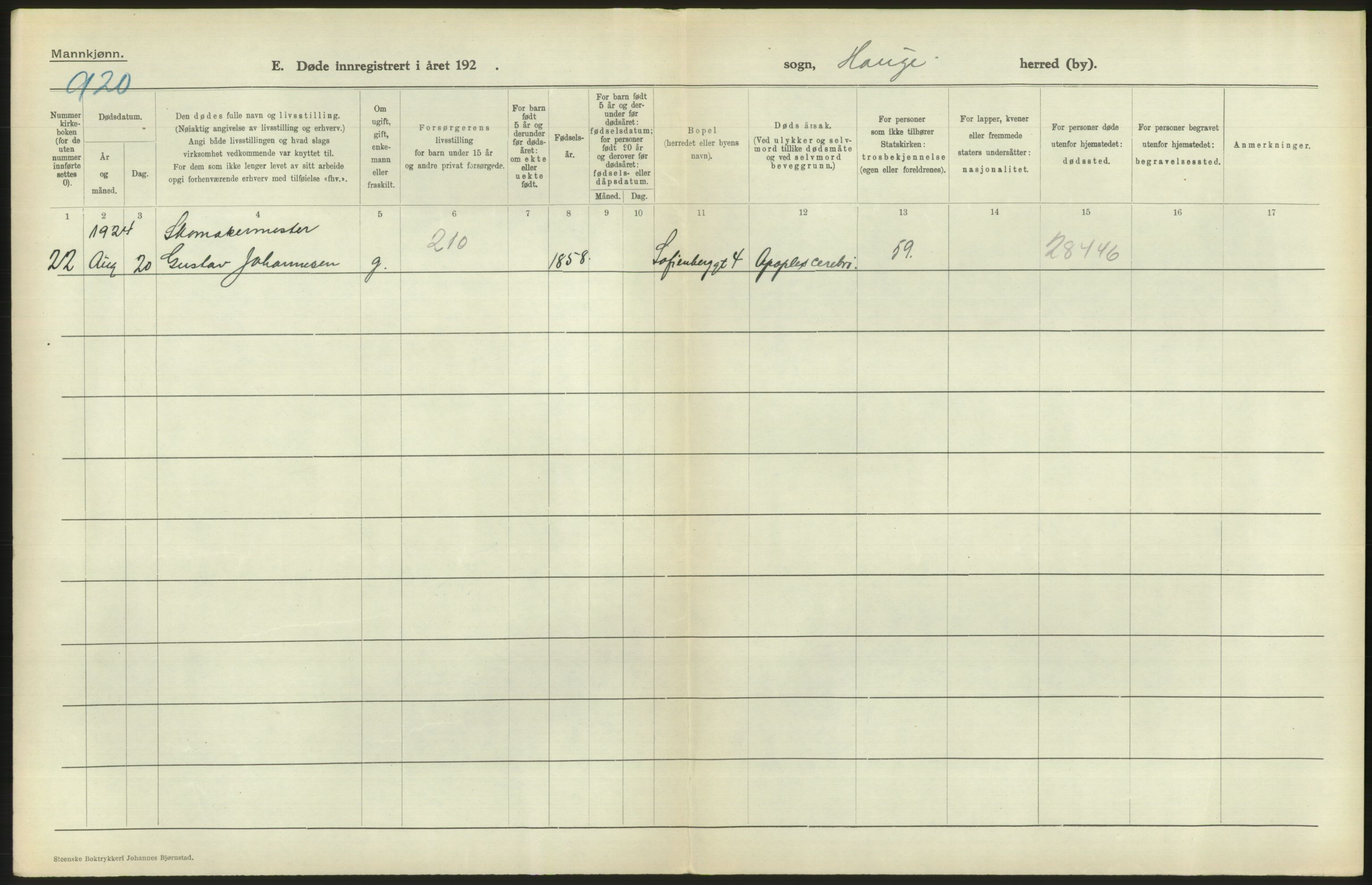 Statistisk sentralbyrå, Sosiodemografiske emner, Befolkning, AV/RA-S-2228/D/Df/Dfc/Dfcd/L0008: Kristiania: Døde menn, 1924, s. 504