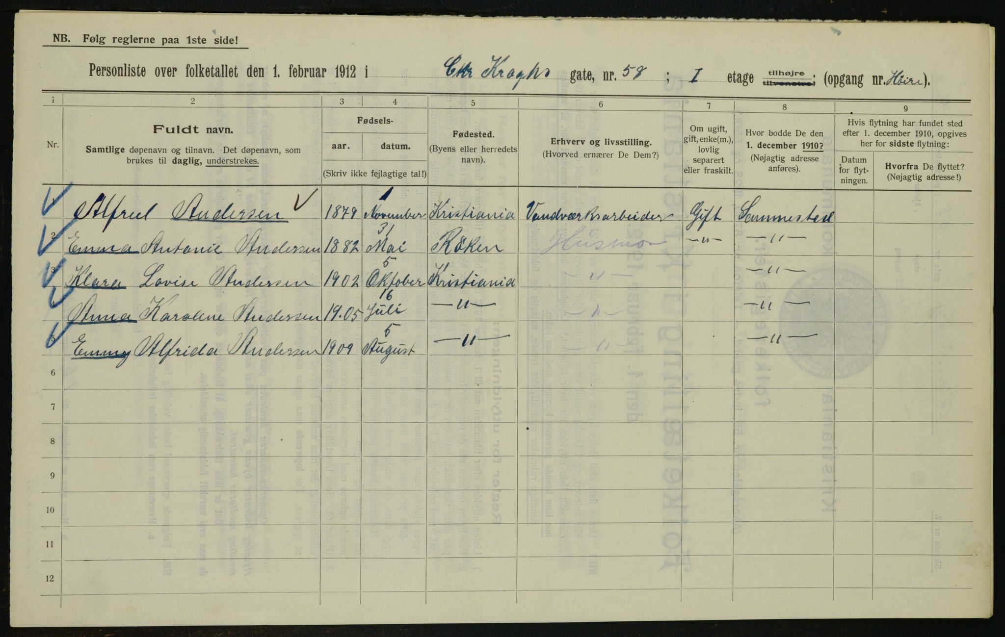 OBA, Kommunal folketelling 1.2.1912 for Kristiania, 1912, s. 12216