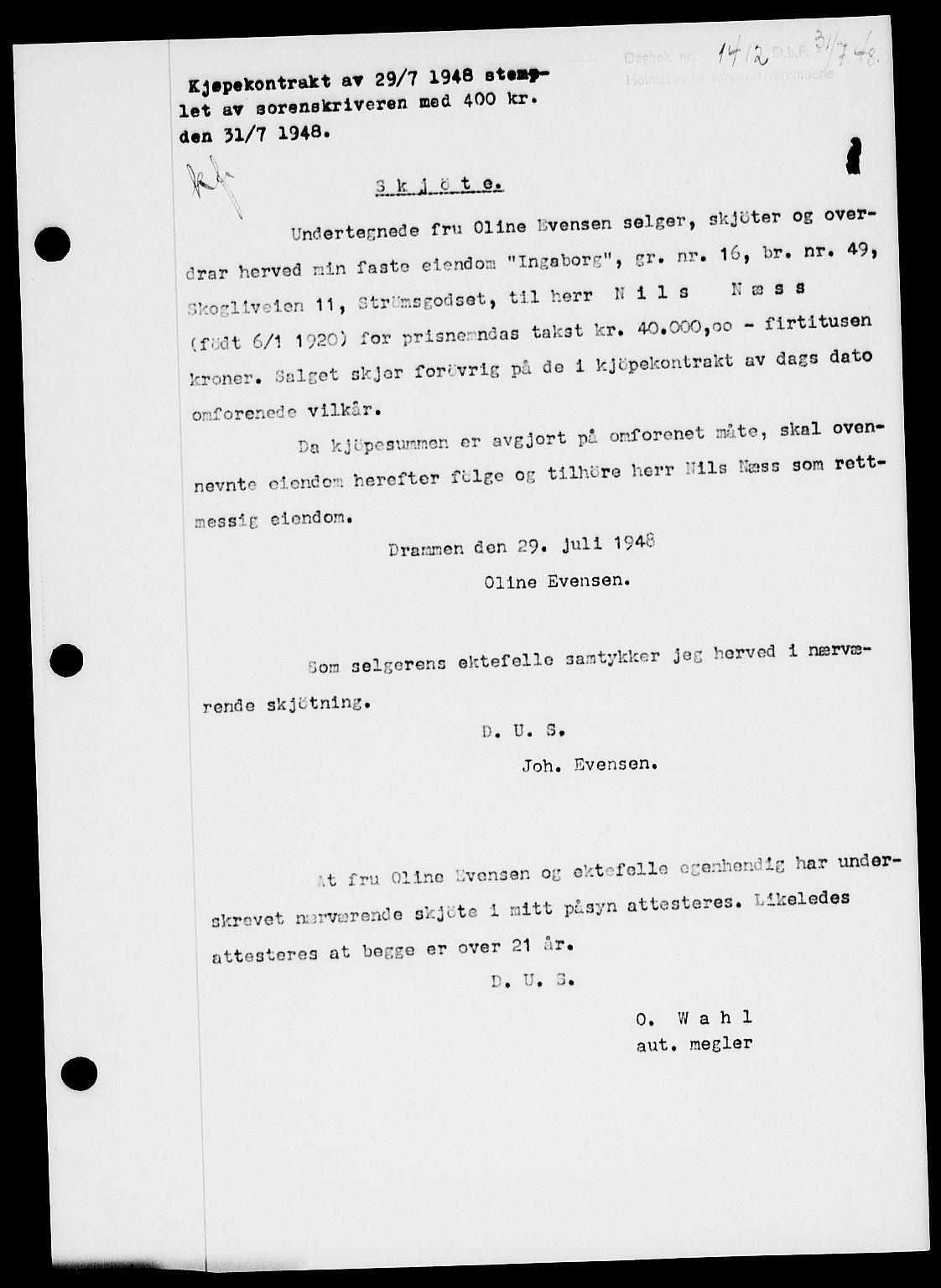 Holmestrand sorenskriveri, SAKO/A-67/G/Ga/Gaa/L0064: Pantebok nr. A-64, 1948-1948, Dagboknr: 1412/1948