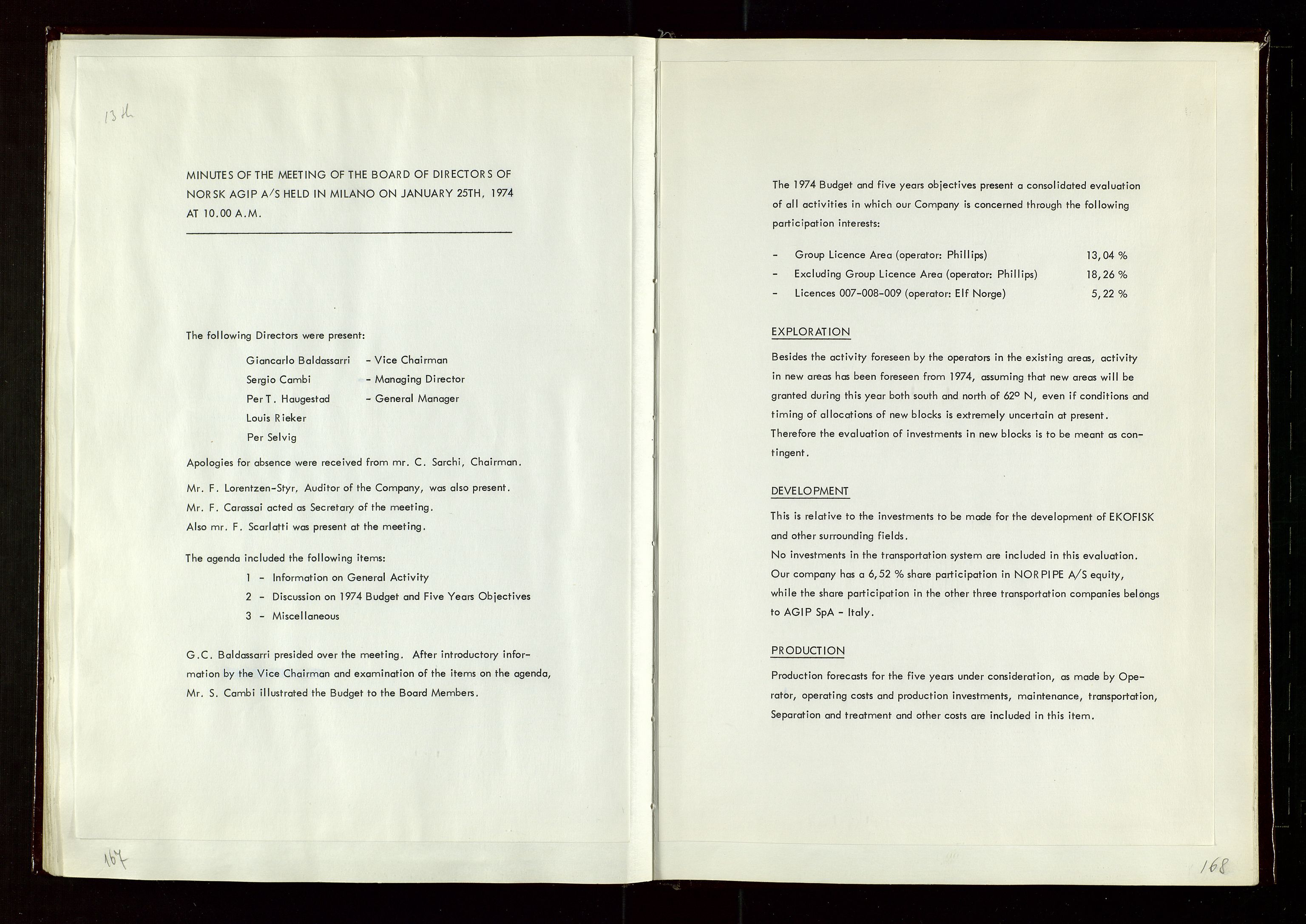 Pa 1583 - Norsk Agip AS, SAST/A-102138/A/Aa/L0002: General assembly and Board of Directors meeting minutes, 1972-1979, s. 167-168