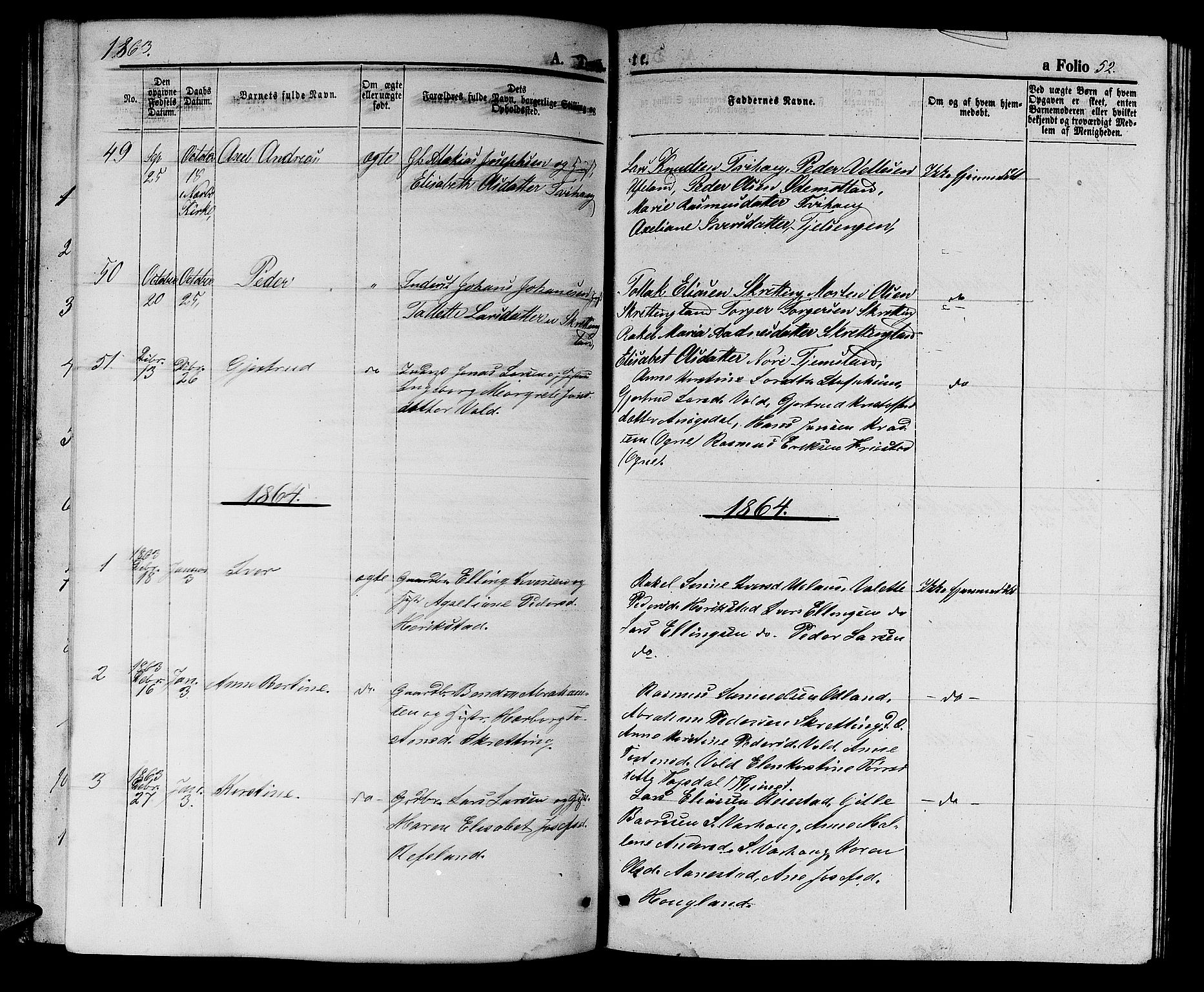 Hå sokneprestkontor, AV/SAST-A-101801/001/30BB/L0002: Klokkerbok nr. B 2, 1854-1883, s. 52