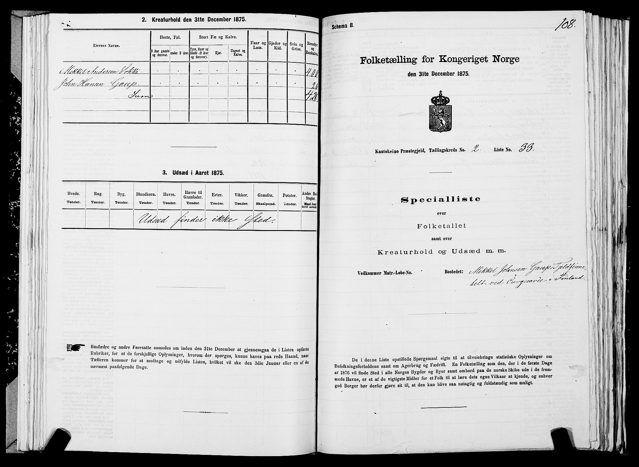 SATØ, Folketelling 1875 for 2011P Kautokeino prestegjeld, 1875, s. 1108