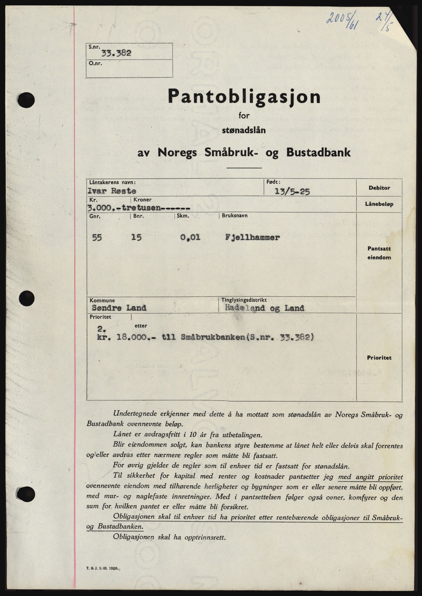 Hadeland og Land tingrett, SAH/TING-010/H/Hb/Hbc/L0046: Pantebok nr. B46, 1961-1961, Dagboknr: 2005/1961