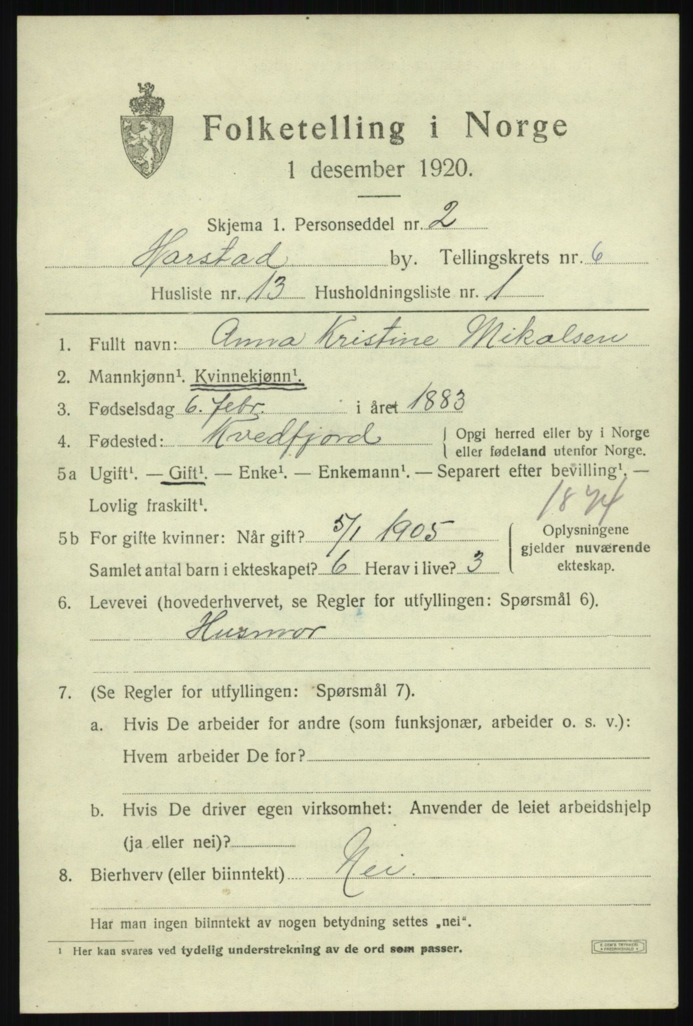 SATØ, Folketelling 1920 for 1901 Harstad ladested, 1920, s. 7692