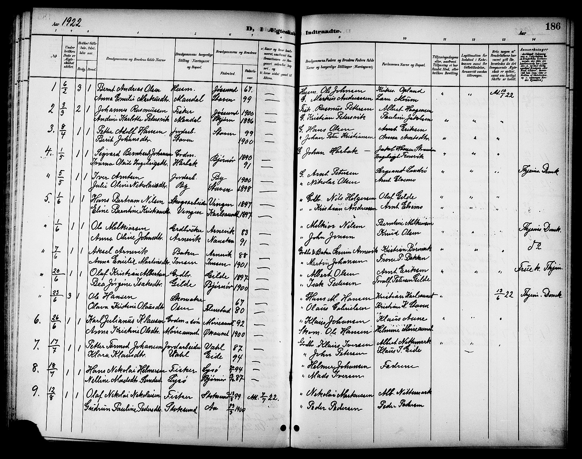 Ministerialprotokoller, klokkerbøker og fødselsregistre - Sør-Trøndelag, SAT/A-1456/655/L0688: Klokkerbok nr. 655C04, 1899-1922, s. 186