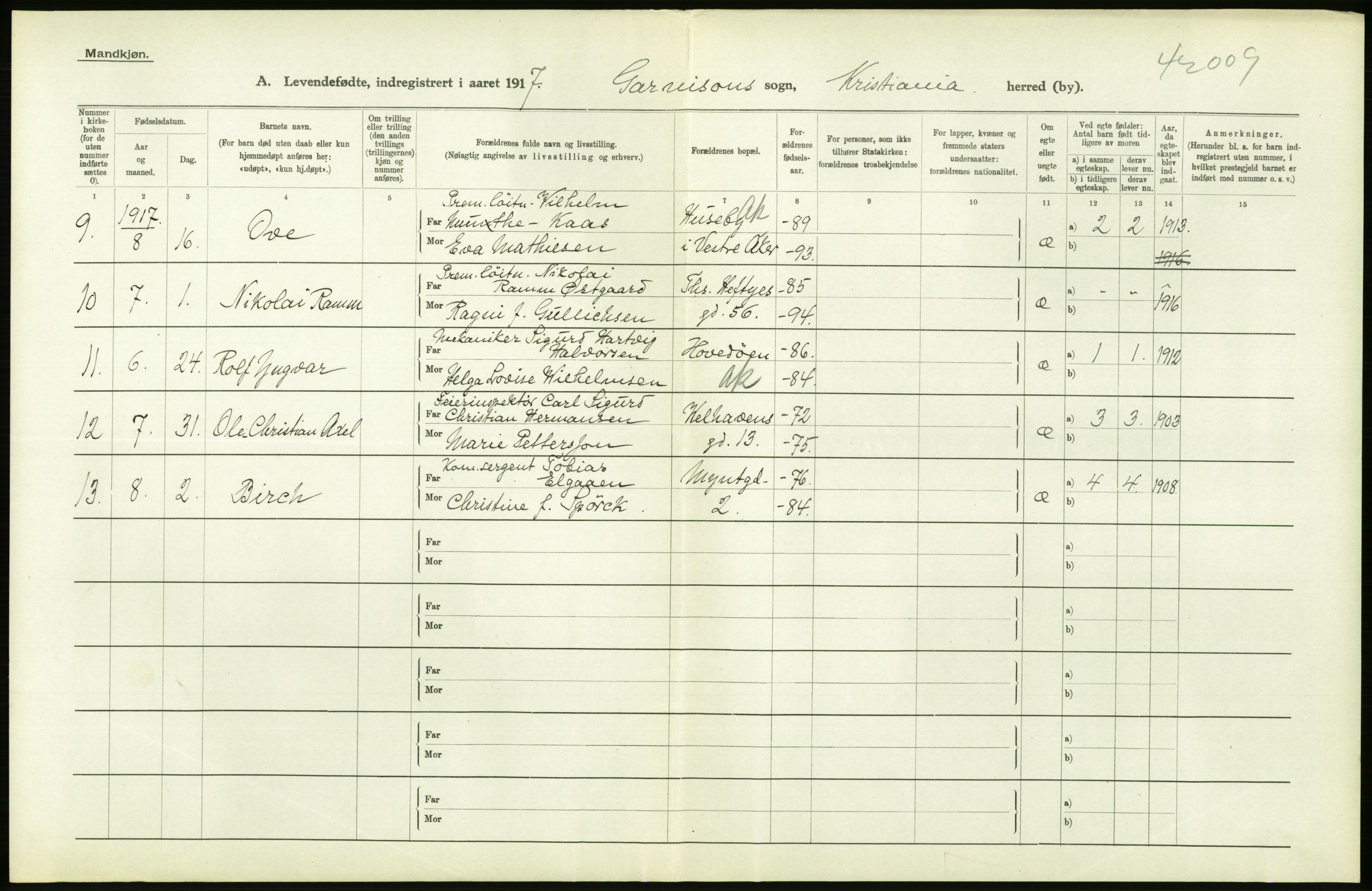 Statistisk sentralbyrå, Sosiodemografiske emner, Befolkning, AV/RA-S-2228/D/Df/Dfb/Dfbg/L0007: Kristiania: Levendefødte menn og kvinner., 1917, s. 58