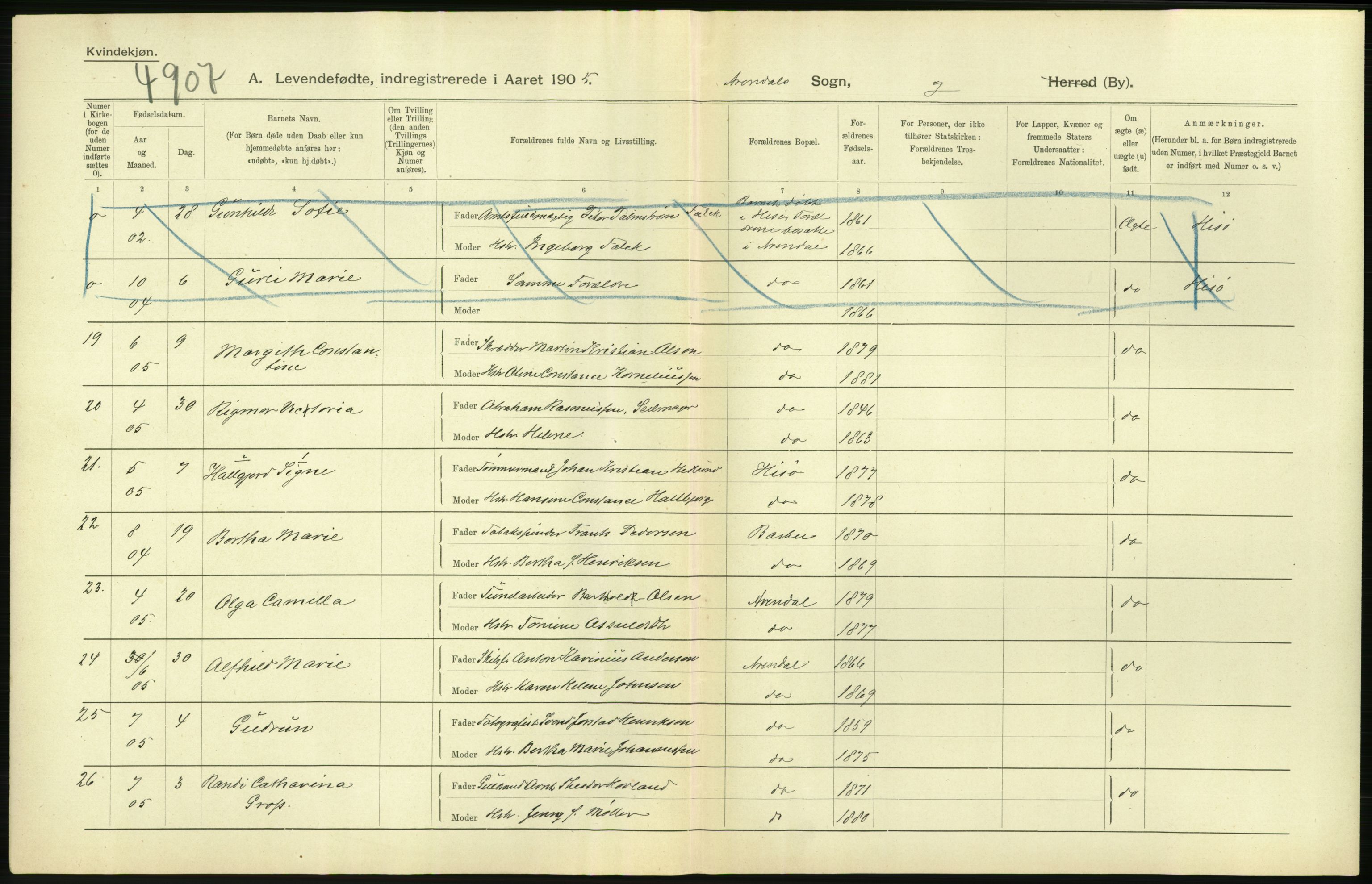 Statistisk sentralbyrå, Sosiodemografiske emner, Befolkning, AV/RA-S-2228/D/Df/Dfa/Dfac/L0043: Bratsberg - Lister og Mandals amt: Levendefødte menn og kvinner, gifte, døde, dødfødte. Byer., 1905, s. 392