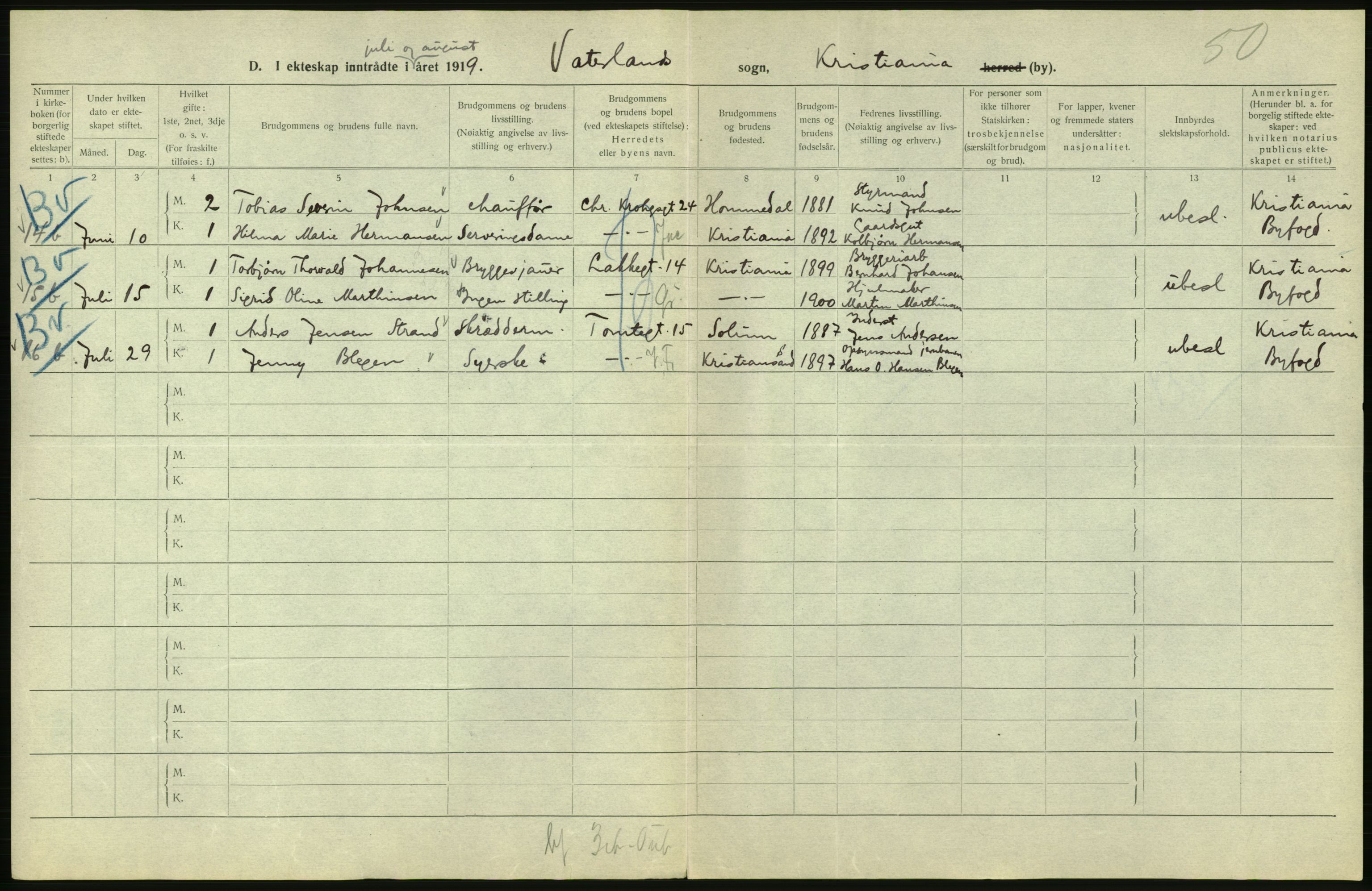 Statistisk sentralbyrå, Sosiodemografiske emner, Befolkning, AV/RA-S-2228/D/Df/Dfb/Dfbi/L0009: Kristiania: Gifte, 1919, s. 832