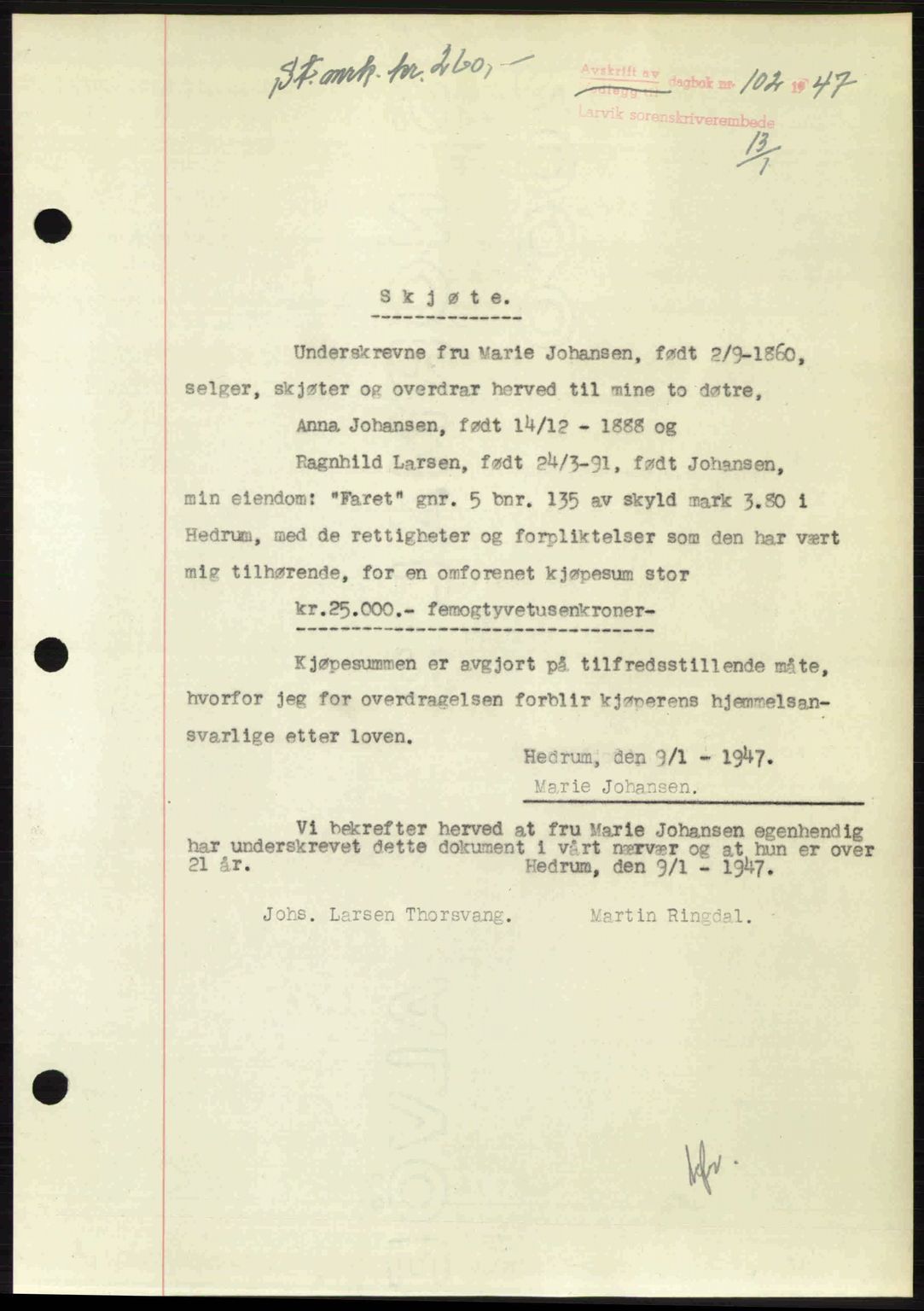 Larvik sorenskriveri, SAKO/A-83/G/Ga/Gab/L0083: Pantebok nr. A-17, 1946-1947, Dagboknr: 102/1947