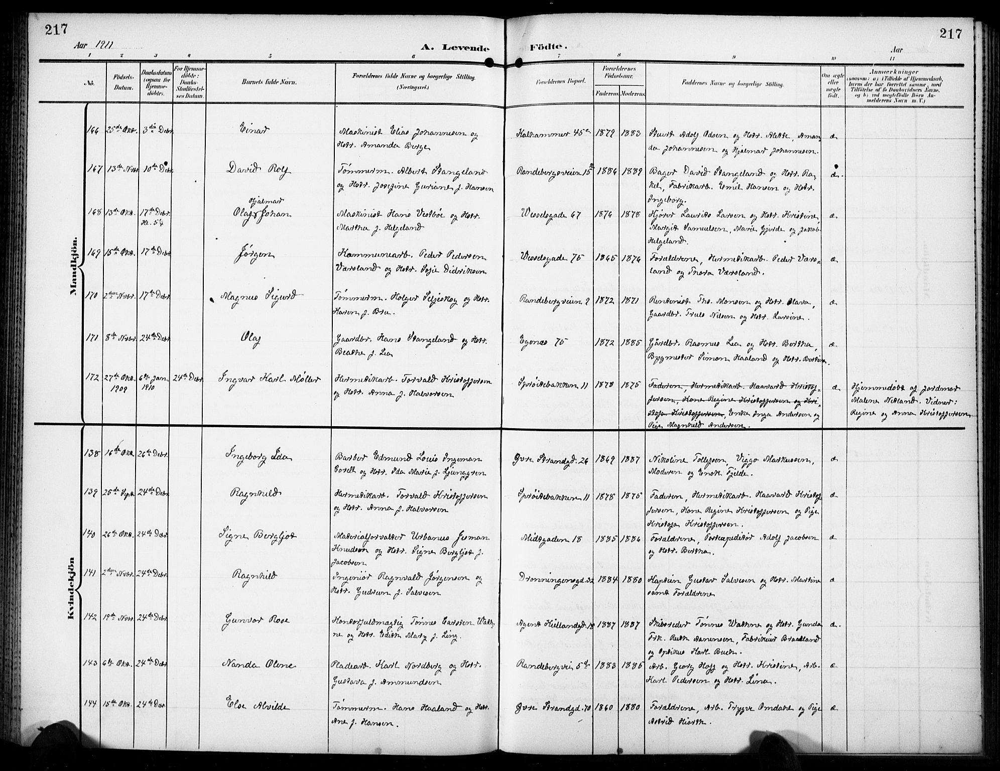 Domkirken sokneprestkontor, AV/SAST-A-101812/001/30/30BB/L0018: Klokkerbok nr. B 18, 1903-1915, s. 217