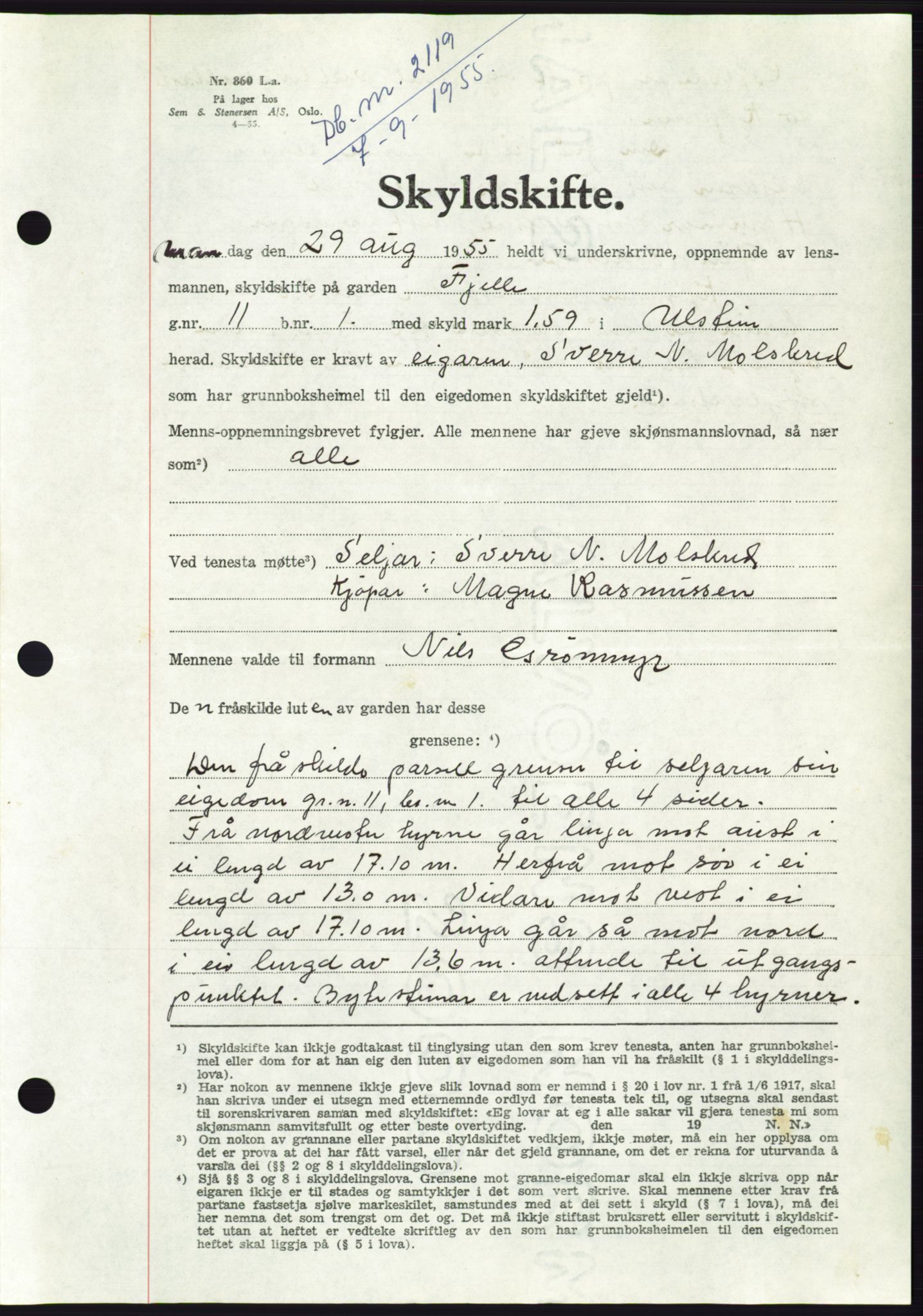 Søre Sunnmøre sorenskriveri, AV/SAT-A-4122/1/2/2C/L0101: Pantebok nr. 27A, 1955-1955, Dagboknr: 2119/1955