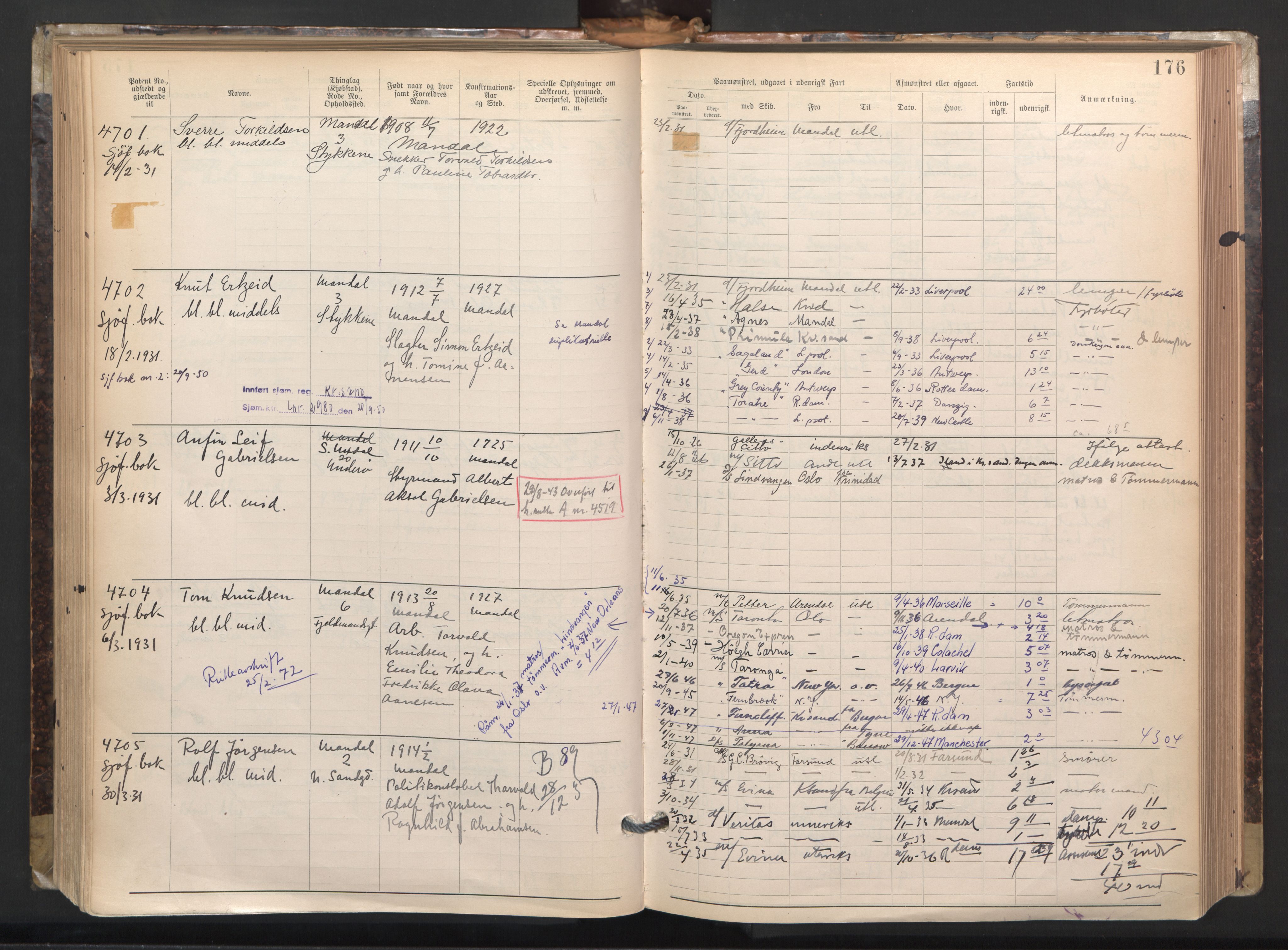 Mandal mønstringskrets, SAK/2031-0016/F/Fa/L0003: Annotasjonsrulle nr 3831-4730 med register, L-5, 1900-1948, s. 202