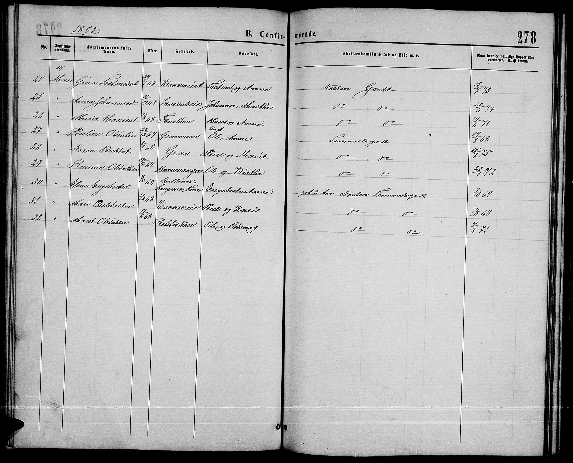 Sør-Fron prestekontor, AV/SAH-PREST-010/H/Ha/Hab/L0002: Klokkerbok nr. 2, 1864-1883, s. 278