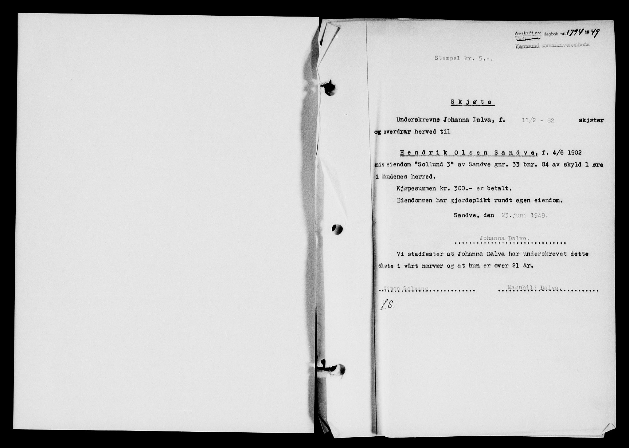 Karmsund sorenskriveri, SAST/A-100311/01/II/IIB/L0097: Pantebok nr. 77A, 1949-1949, Dagboknr: 1794/1949