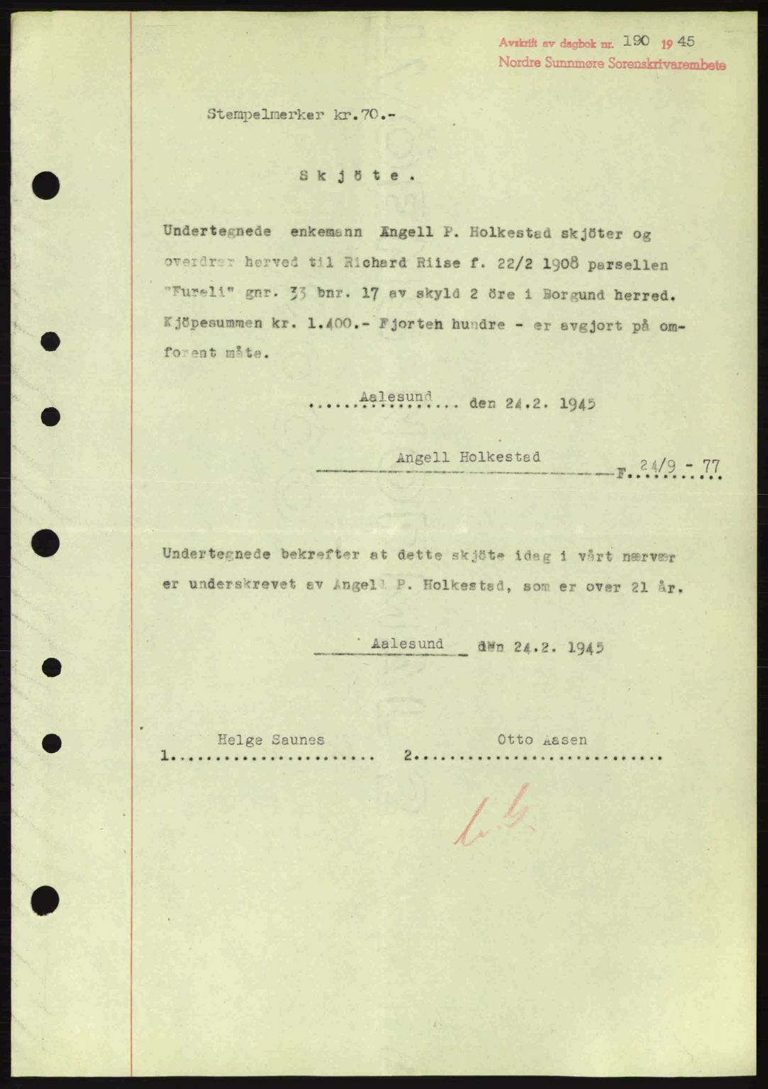 Nordre Sunnmøre sorenskriveri, SAT/A-0006/1/2/2C/2Ca: Pantebok nr. A19, 1944-1945, Dagboknr: 190/1945