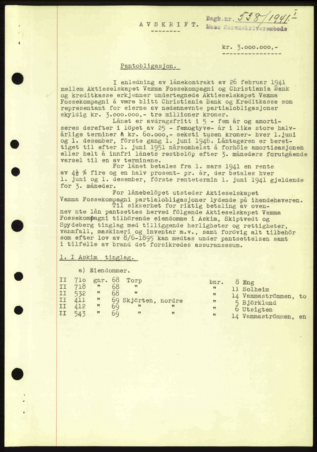 Moss sorenskriveri, SAO/A-10168: Pantebok nr. B10, 1940-1941, Dagboknr: 538/1941