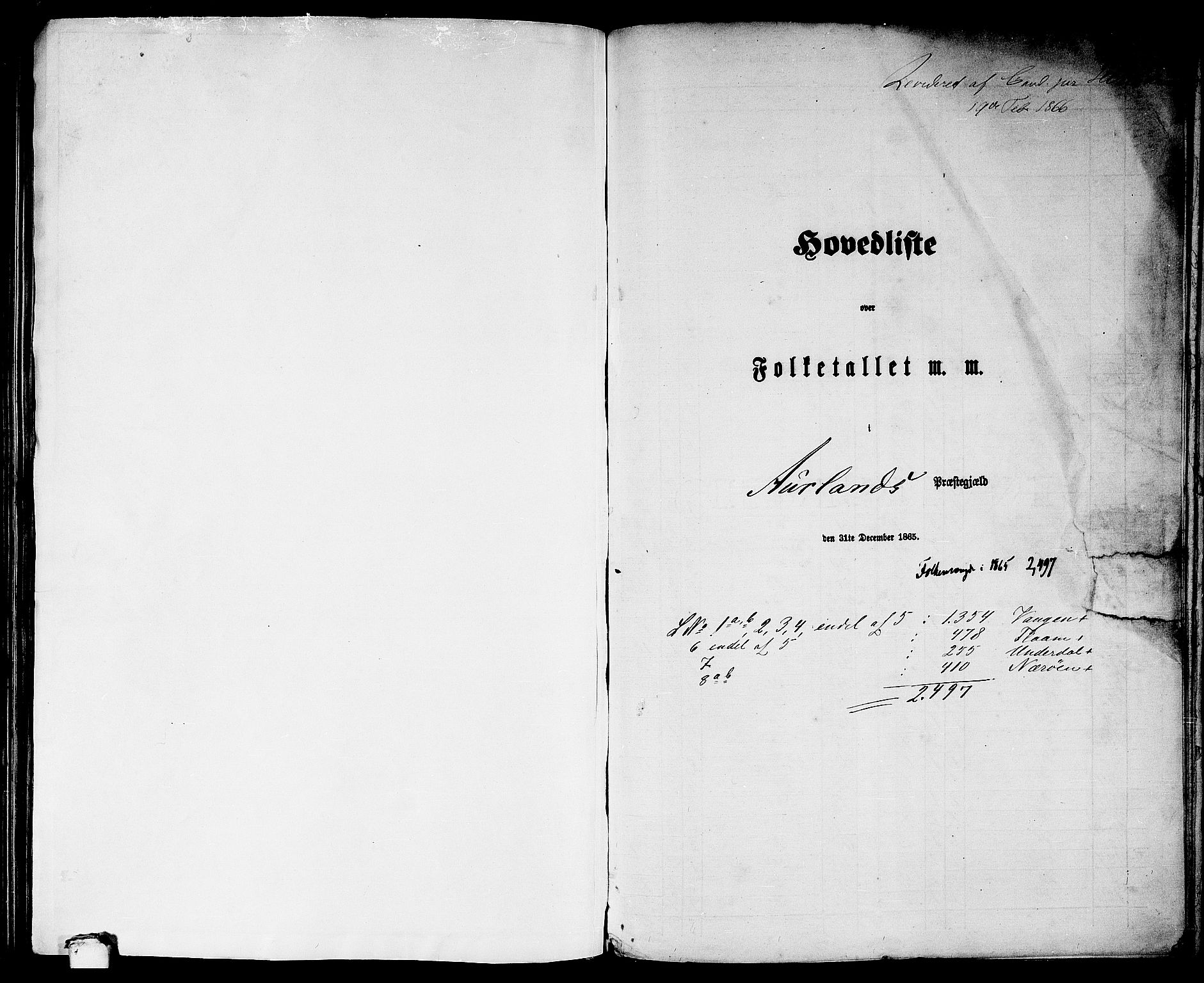 RA, Folketelling 1865 for 1421P Aurland prestegjeld, 1865, s. 1