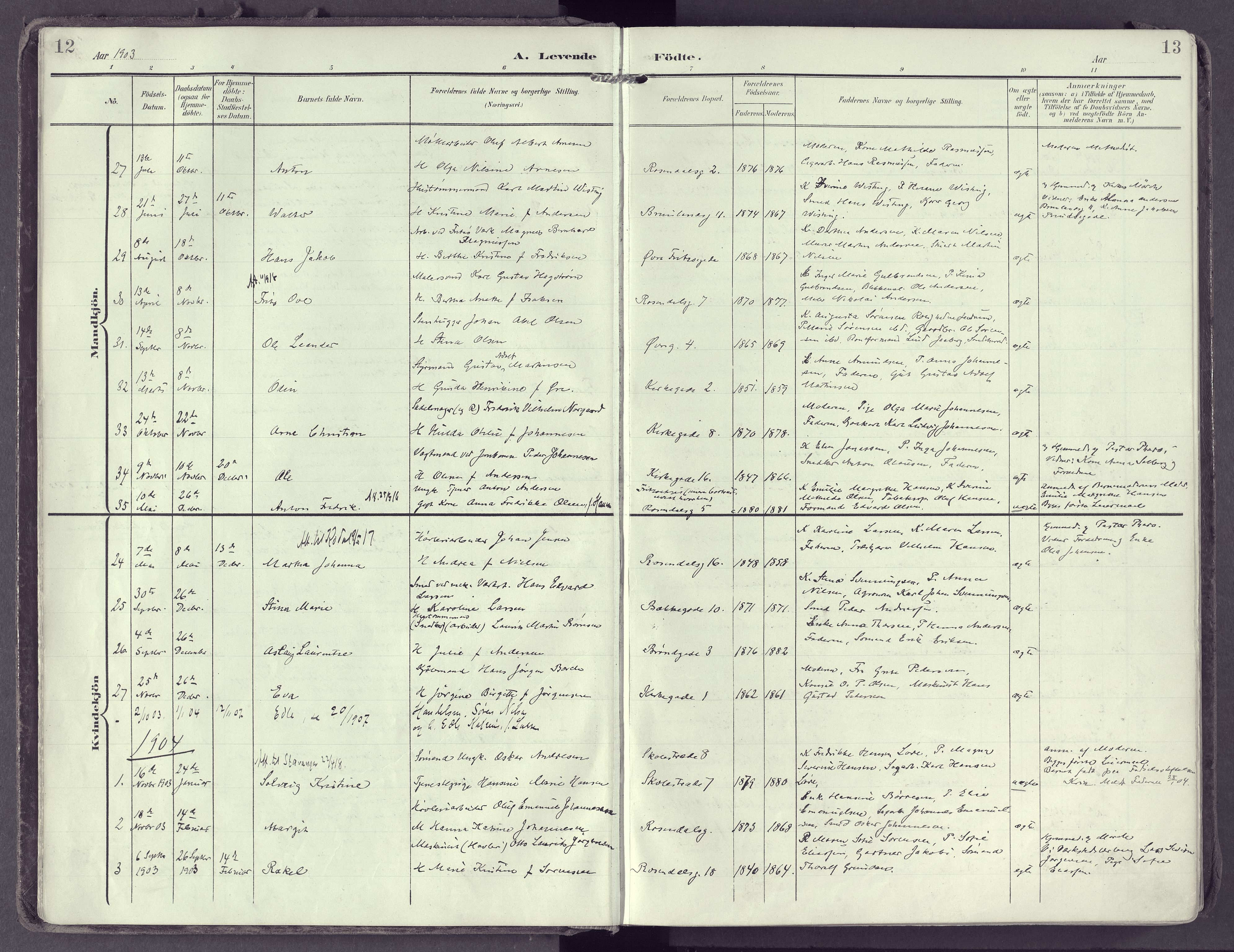 Larvik kirkebøker, SAKO/A-352/F/Fb/L0005: Ministerialbok nr. II 5, 1903-1925, s. 12-13