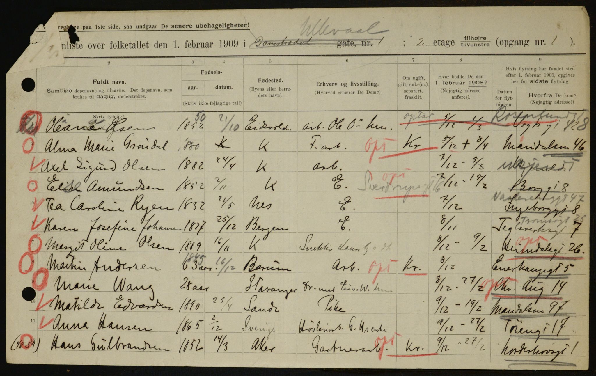 OBA, Kommunal folketelling 1.2.1909 for Kristiania kjøpstad, 1909, s. 108598