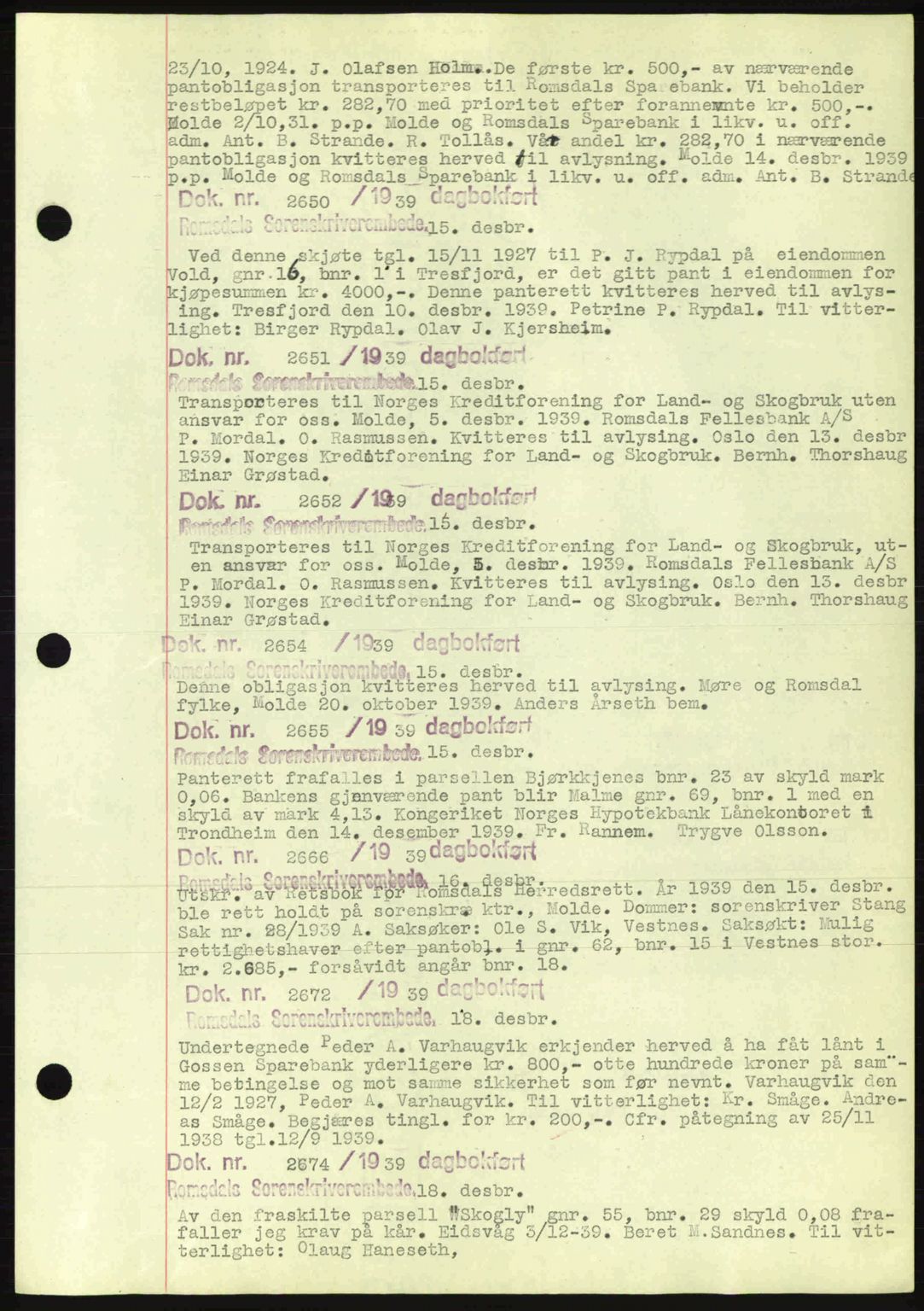 Romsdal sorenskriveri, AV/SAT-A-4149/1/2/2C: Pantebok nr. C1a, 1936-1945, Dagboknr: 2650/1939