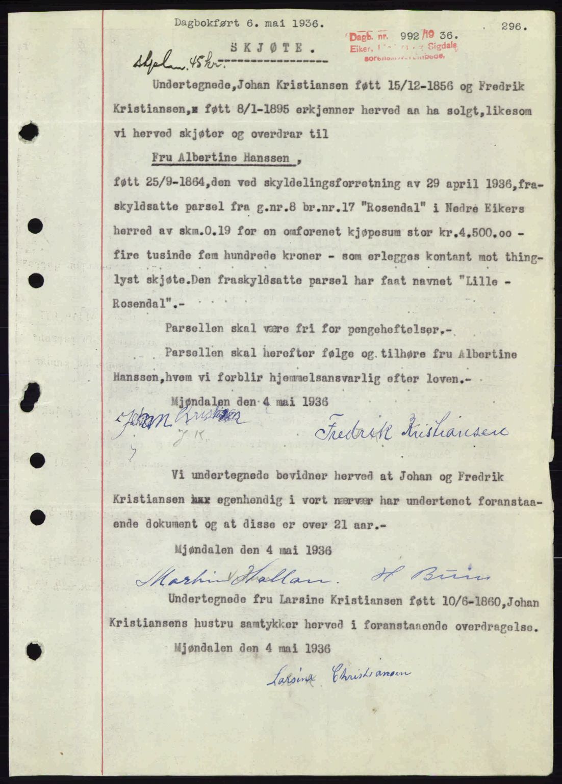 Eiker, Modum og Sigdal sorenskriveri, SAKO/A-123/G/Ga/Gab/L0032: Pantebok nr. A2, 1936-1936, Dagboknr: 992/1936