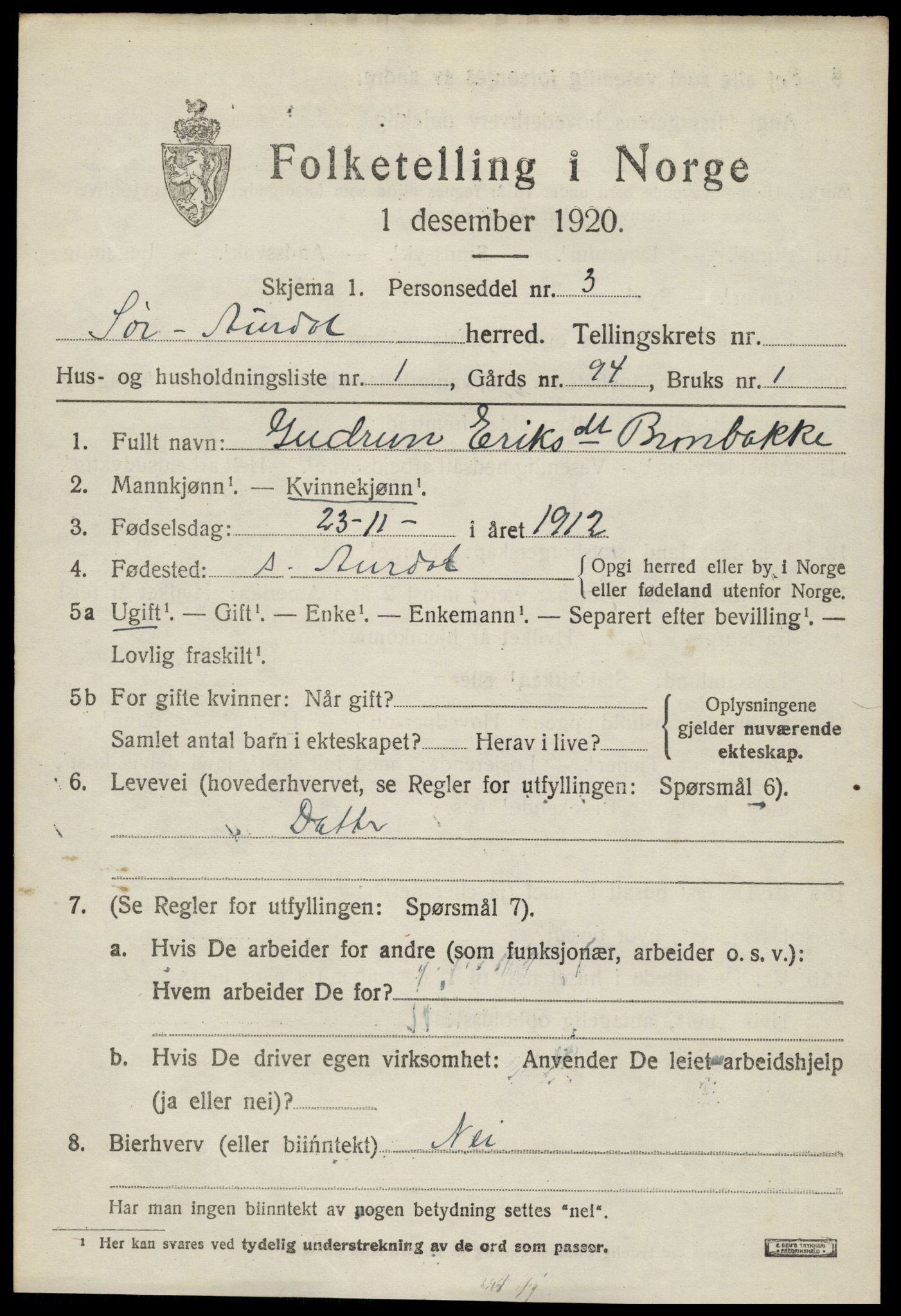 SAH, Folketelling 1920 for 0540 Sør-Aurdal herred, 1920, s. 9217