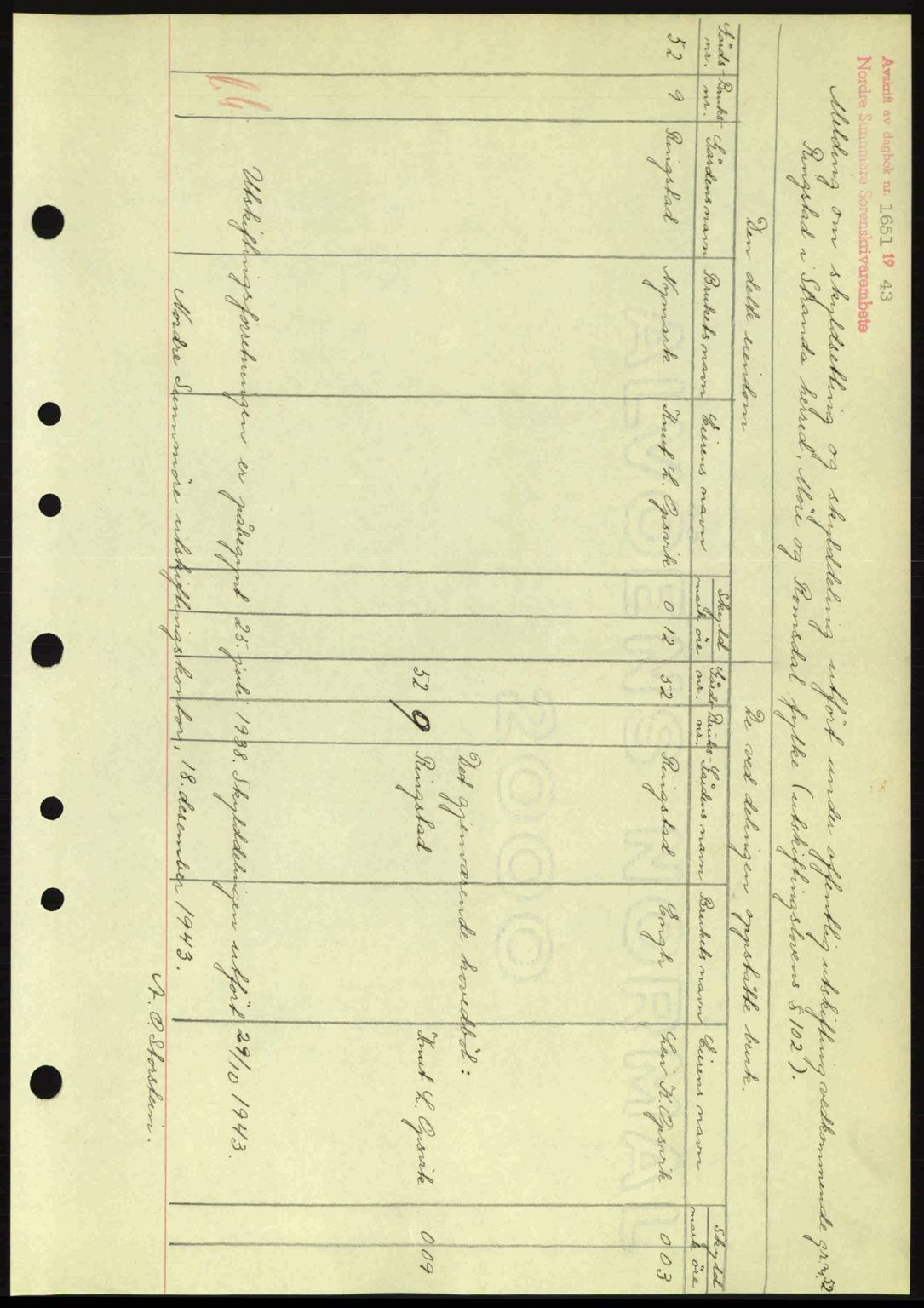 Nordre Sunnmøre sorenskriveri, AV/SAT-A-0006/1/2/2C/2Ca: Pantebok nr. A17, 1943-1944, Dagboknr: 1651/1943