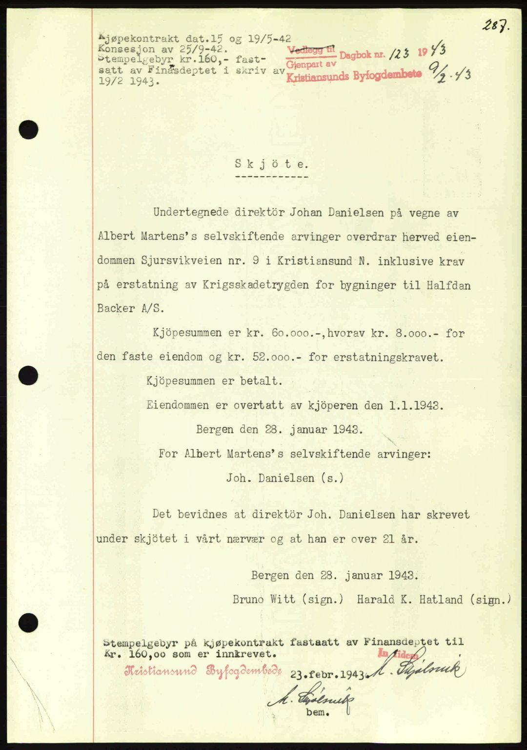 Kristiansund byfogd, AV/SAT-A-4587/A/27: Pantebok nr. 34, 1941-1945, Dagboknr: 123/1943