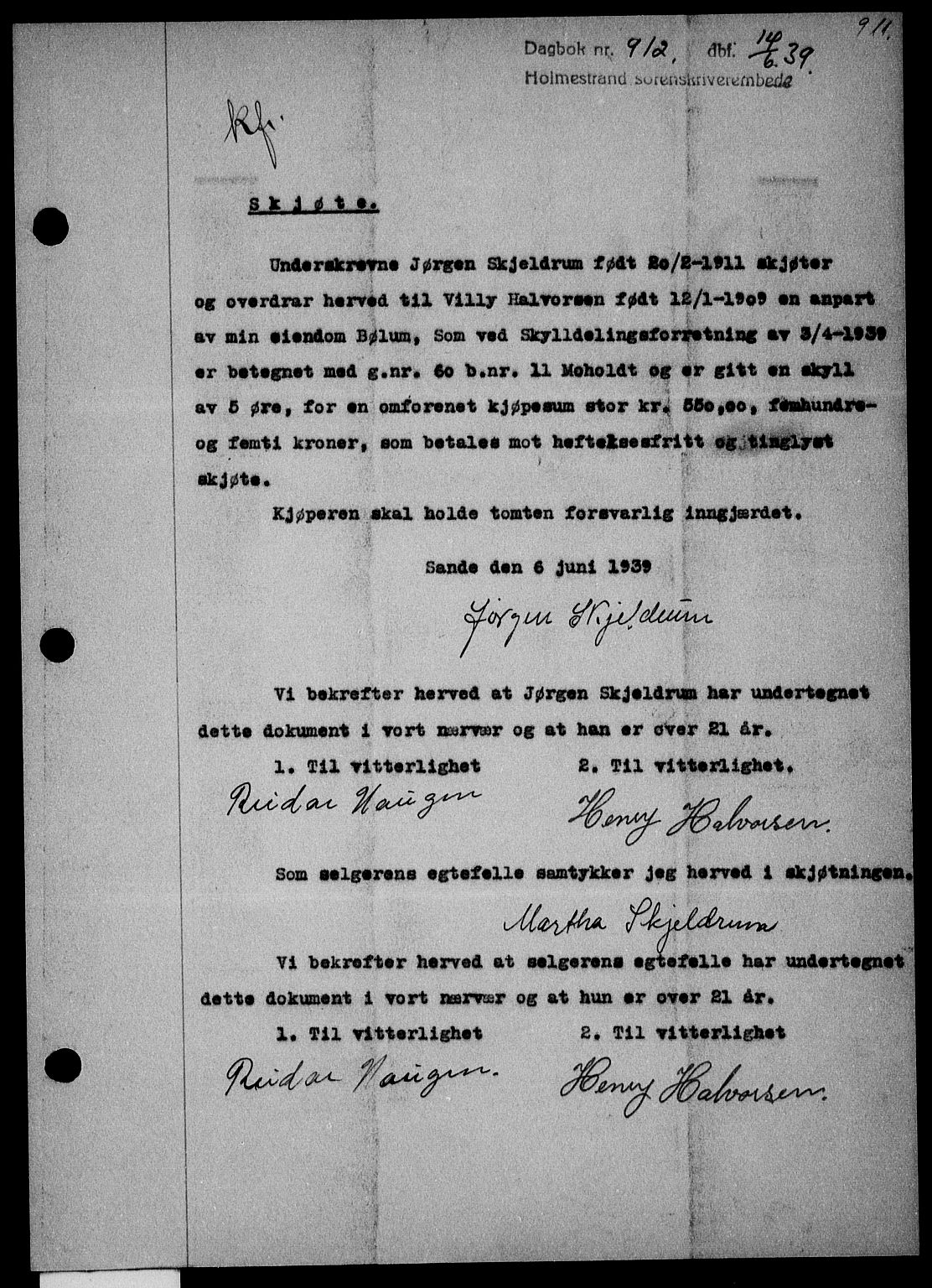 Holmestrand sorenskriveri, SAKO/A-67/G/Ga/Gaa/L0050: Pantebok nr. A-50, 1938-1939, Dagboknr: 912/1939