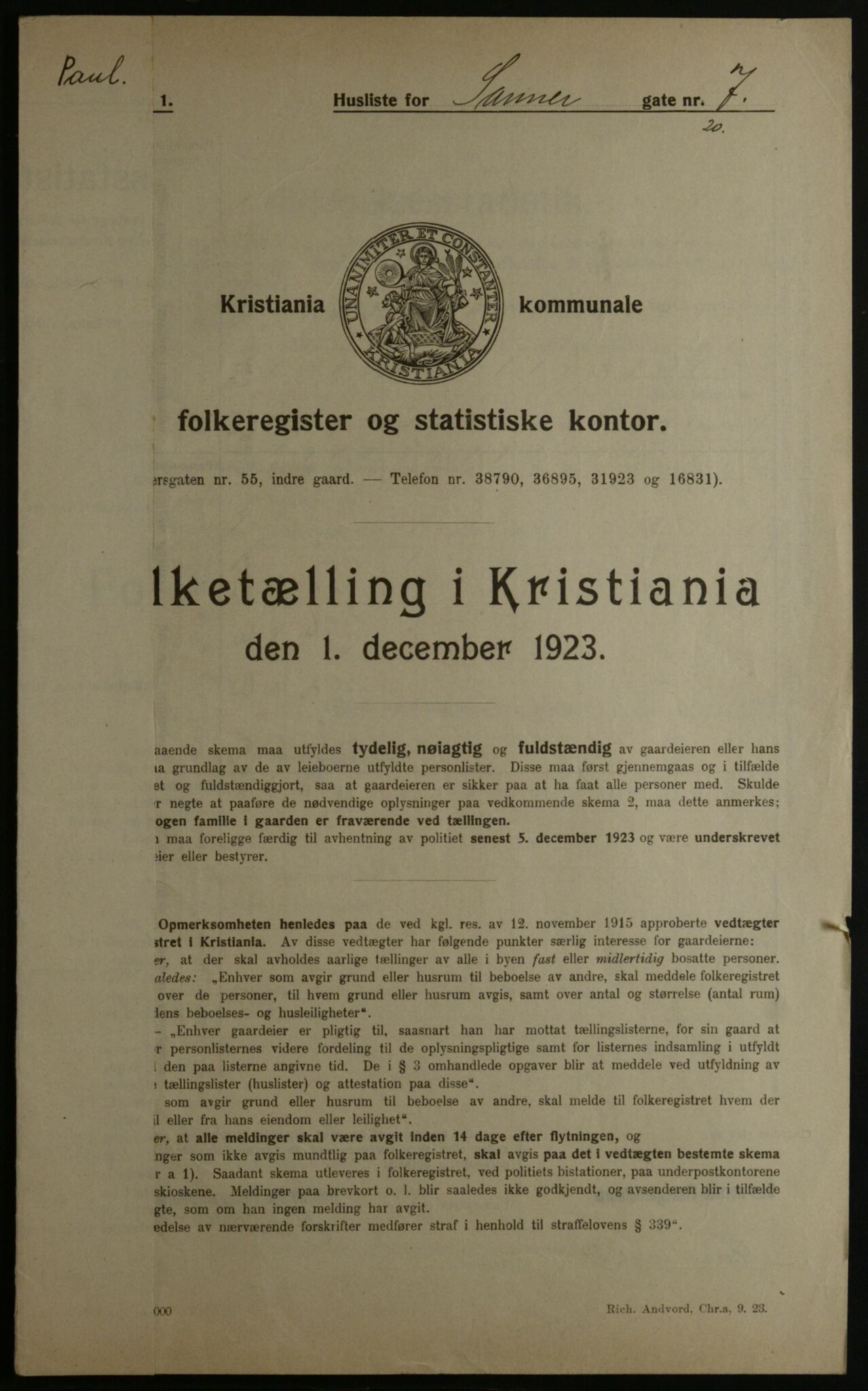 OBA, Kommunal folketelling 1.12.1923 for Kristiania, 1923, s. 97736